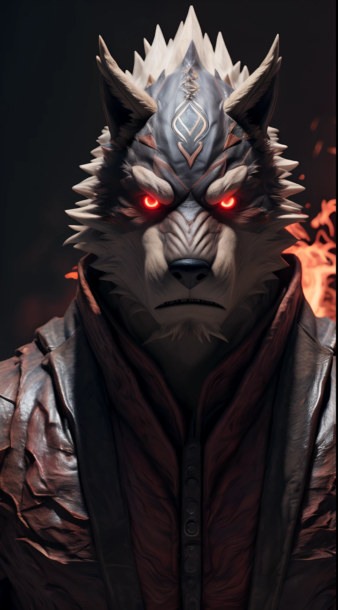 (best quality,8k,highres,masterpiece:1.2),ultra-detailed,(photorealistic:1.37),(the ultimate Orochi kuugo),red glowing eyes,staring at the viewer,detailed facial features,same design as Iori Yagami,background from The King of Fighters XV,fiery background,serious expression,on a realistic face,in 8k.