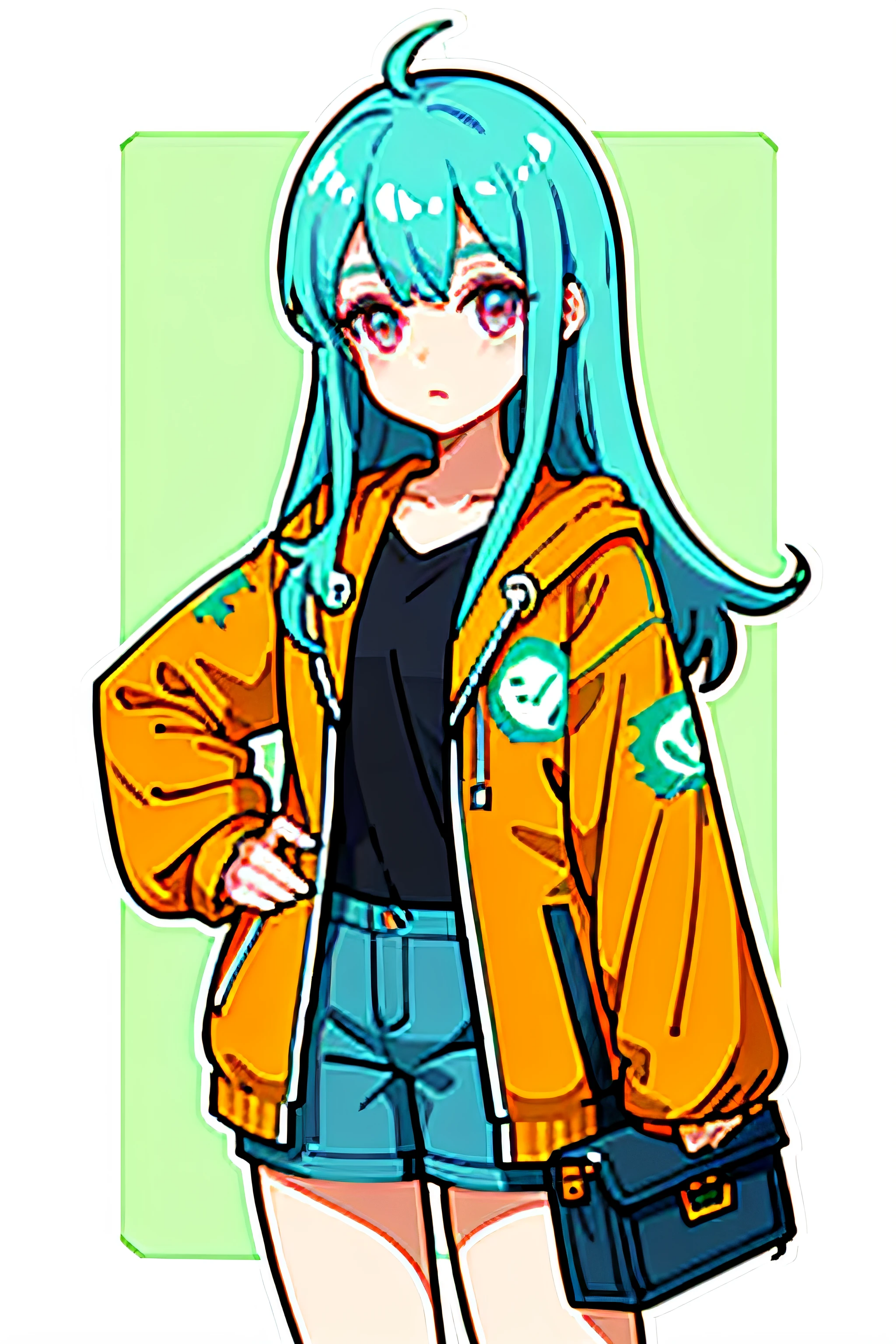 masutepiece, Best Quality, hight resolution, Solo Focus, thick outlines, Cute, Character pastel color palette, 1girl in, Solo, Long baby blue hair, cotton candy pink eyes, :3, Looking at Viewer, Winters, Outdoors, The jacket is a green jacket, A city scape,orange sweater、orange sleeves、White headphones、Tattoos on thighs、shortpants、white thighhig、Golden hair、The root of the hair is black、Long、holding a starbucks coffee in hand、