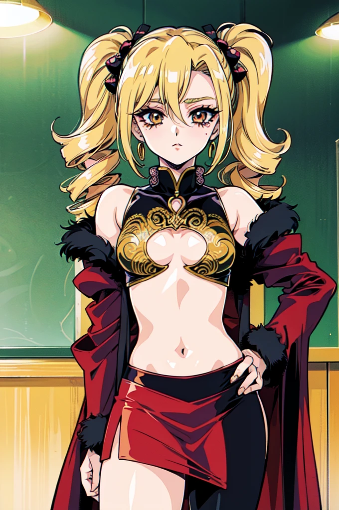 "(masterpiece:1.1), best quality, (NSFW:1.1),
1girl, gyaru, (80s anime style:1.3), (eyelashes:1.5),
(intricate high detailed body:1.2),
yellow hair,
(hair between eyes:1.1), (twintails, drill hair:1.1),
red eyes, (gothic makeup, red lip stick, eye shadow:1.1),
(oiled skin:1.1)( body:1.2), (small breasts, flat chest:1.1),
expressionless,
school uniform, skirt, midriff peek, (cleavage cutout:1.1),
fur, garter belt, tattoo, hoop earrings, collar, hair ornament,
standing, hand on hip,
upper body,
(classroom:1.2)"