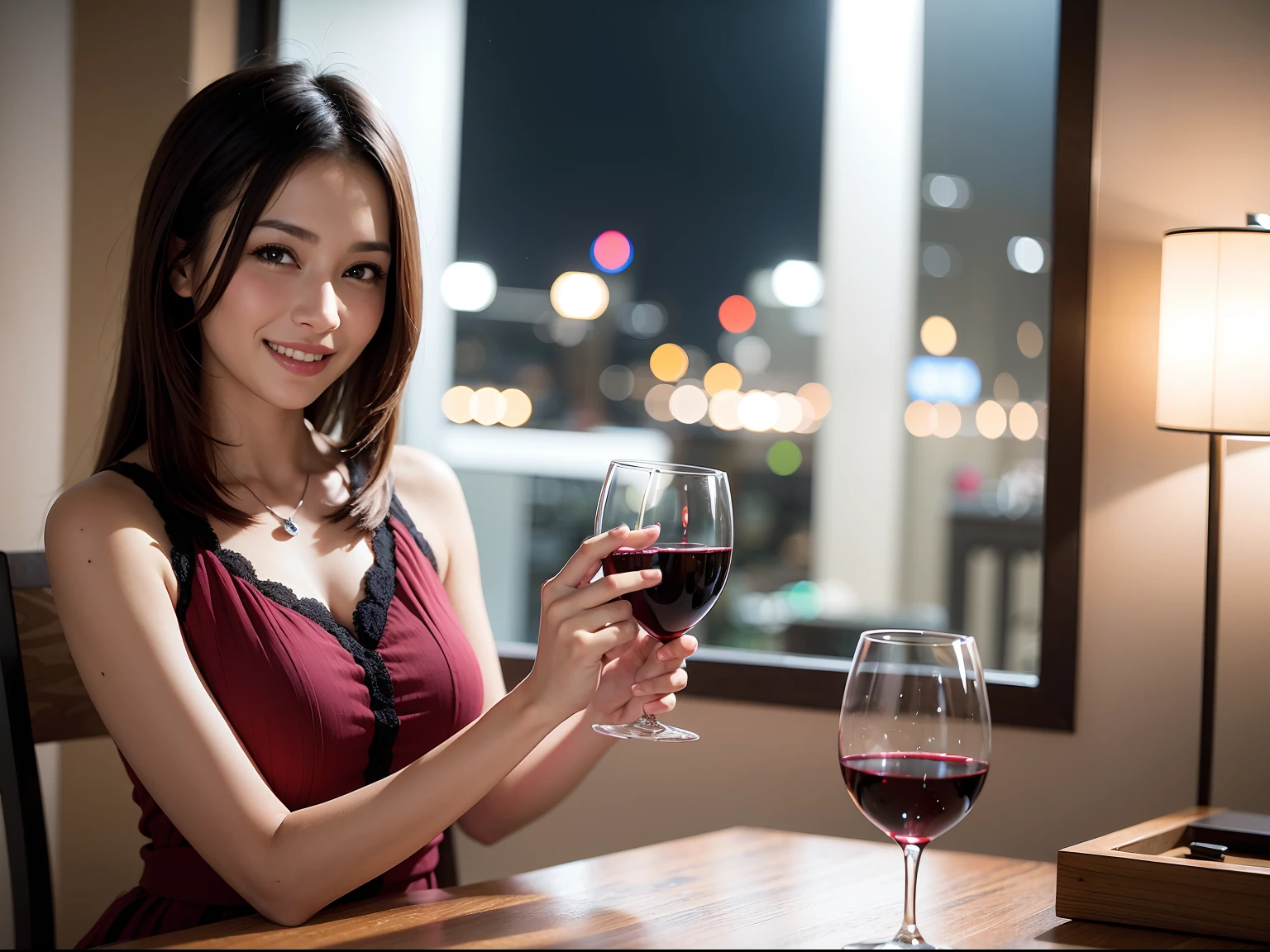 (64K, UHD, top quality, masterpiece: 1.2), (realistic, photorealistic: 1.37), super detailed, pretty woman 1 person, (slim face), (slim body), (brown hair), (short cut), cheeks slightly blushing, (44 years old), 38 years old, solo, beautiful detailed urban night view outside the window, restaurant, wine glasses sit, at night, in a prominent placeNovaFrogStyle, Actress, Model, Waist Up, White Wine, Slim, Wine Glass, Super Clean Night View, Wine Glass Put in the Middle, Happy Smile, (Smile: 1.15), Beautiful Fine Eyes, Upper Body, Bust Japan Up, Night, Short, Short, Actress, Model, Waist Up, White Wine, Slim, Wine Glass, Super Clean Night View, Wine Glass Put in the Middle, Happy Smile,