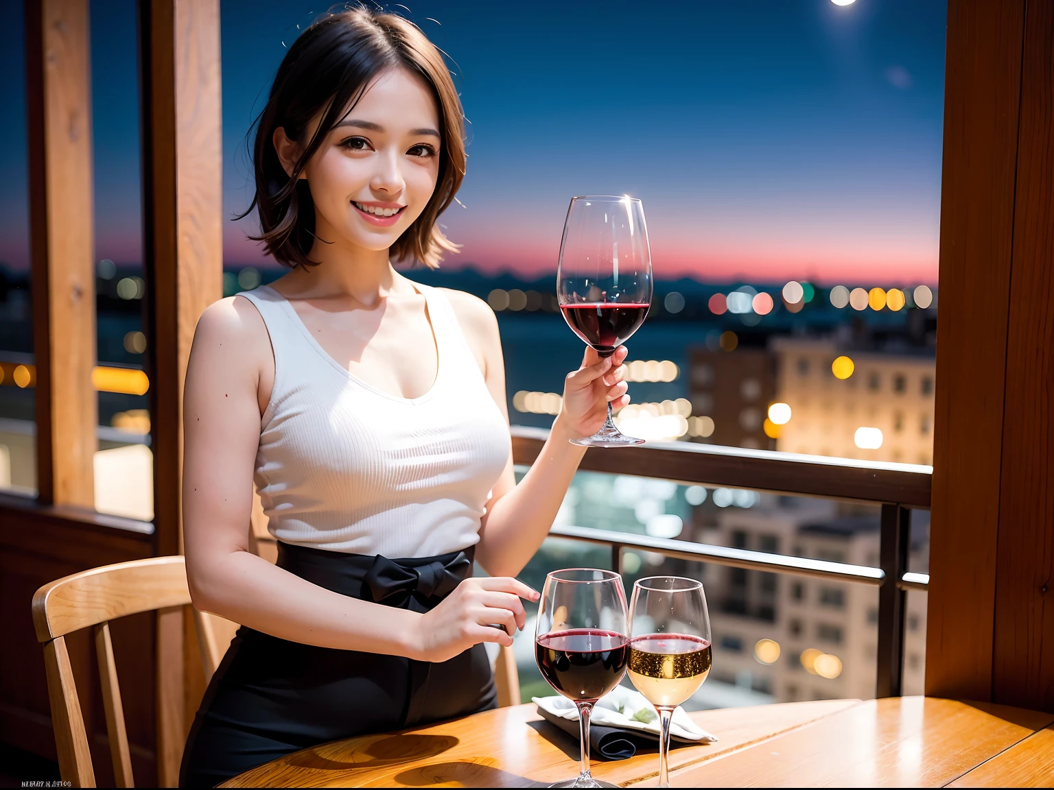 (64K, UHD, top quality, masterpiece: 1.2), (realistic, photorealistic: 1.37), super detailed, pretty woman 1 person, (slim face), (slim body), (brown hair), (short cut), cheeks slightly blushing, (44 years old), 38 years old, solo, beautiful detailed urban night view outside the window, restaurant, wine glasses sit, at night, in a prominent placeNovaFrogStyle, Actress, Model, Waist Up, White Wine, Slim, Wine Glass, Super Clean Night View, Wine Glass Put in the Middle, Happy Smile, (Smile: 1.15), Beautiful Fine Eyes, Upper Body, Bust Japan Up, Night, Short, Short, Actress, Model, Waist Up, White Wine, Slim, Wine Glass, Super Clean Night View, Wine Glass Put in the Middle, Happy Smile,