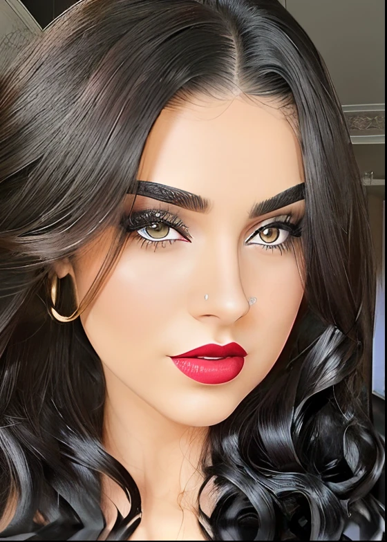araffed woman with long dark hair and red lipstick posing for a picture, big bold thick eyebrows, thick bushy straight eyebrows, flawless olive skin, inspired by Ambreen Butt, with very thin lips, sexy face with full makeup, thick lips, wide golden eyes and red lips, small and thick red lips, dark thick eyebrows, thick eyebrows