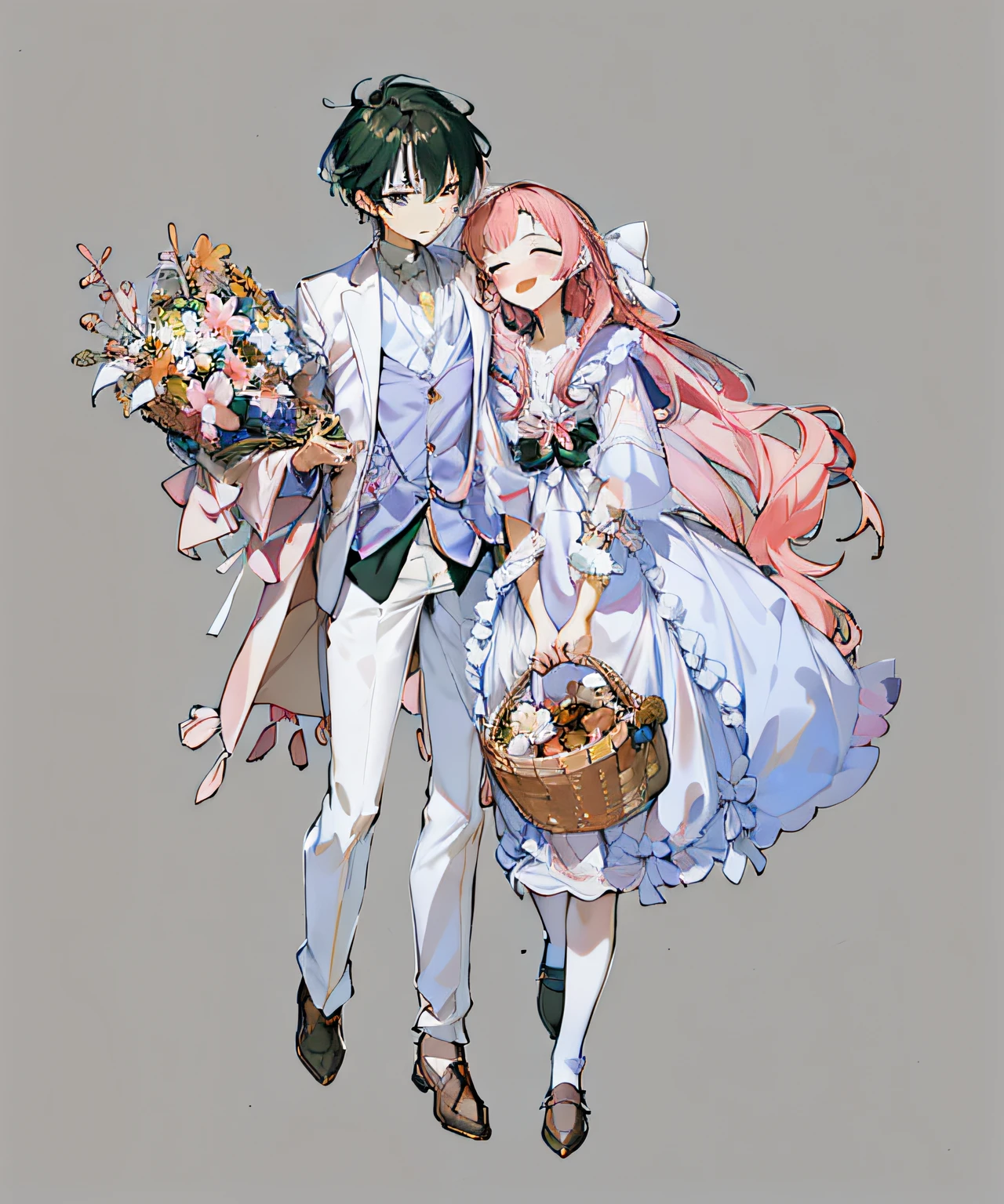 Anime couple wearing white and pink clothes，Hands holding flowers and basket, sakimichan and frank franzzeta, anime in fantasy style, cute couple, nixeu and sakimichan, Stylized anime, Happy couple, Guviz, Guweiz in Pixiv ArtStation, Boy and girl, zerochan art