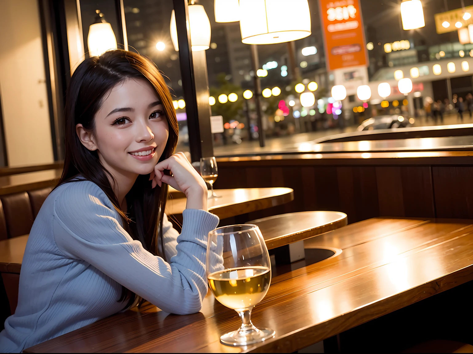 (64K, UHD, top quality, masterpiece: 1.2), (realistic, photorealistic: 1.37), super detailed, pretty woman 1 person, (slim face), (slim body), (brown hair), (short cut), cheeks slightly blushing, (44 years old), 38 years old, solo, beautiful detailed urban night view outside the window, restaurant, wine glasses sit, at night, in a prominent placeNovaFrogStyle, Actress, Model, Waist Up, White Wine, Slim, Wine Glass, Super Clean Night View, Wine Glass Put in the Middle, Happy Smile, (Smile: 1.15), Beautiful Fine Eyes, Upper Body, Bust Japan Up, Night, Short, Short, Actress, Model, Waist Up, White Wine, Slim, Wine Glass, Super Clean Night View, Wine Glass Put in the Middle, Happy Smile,