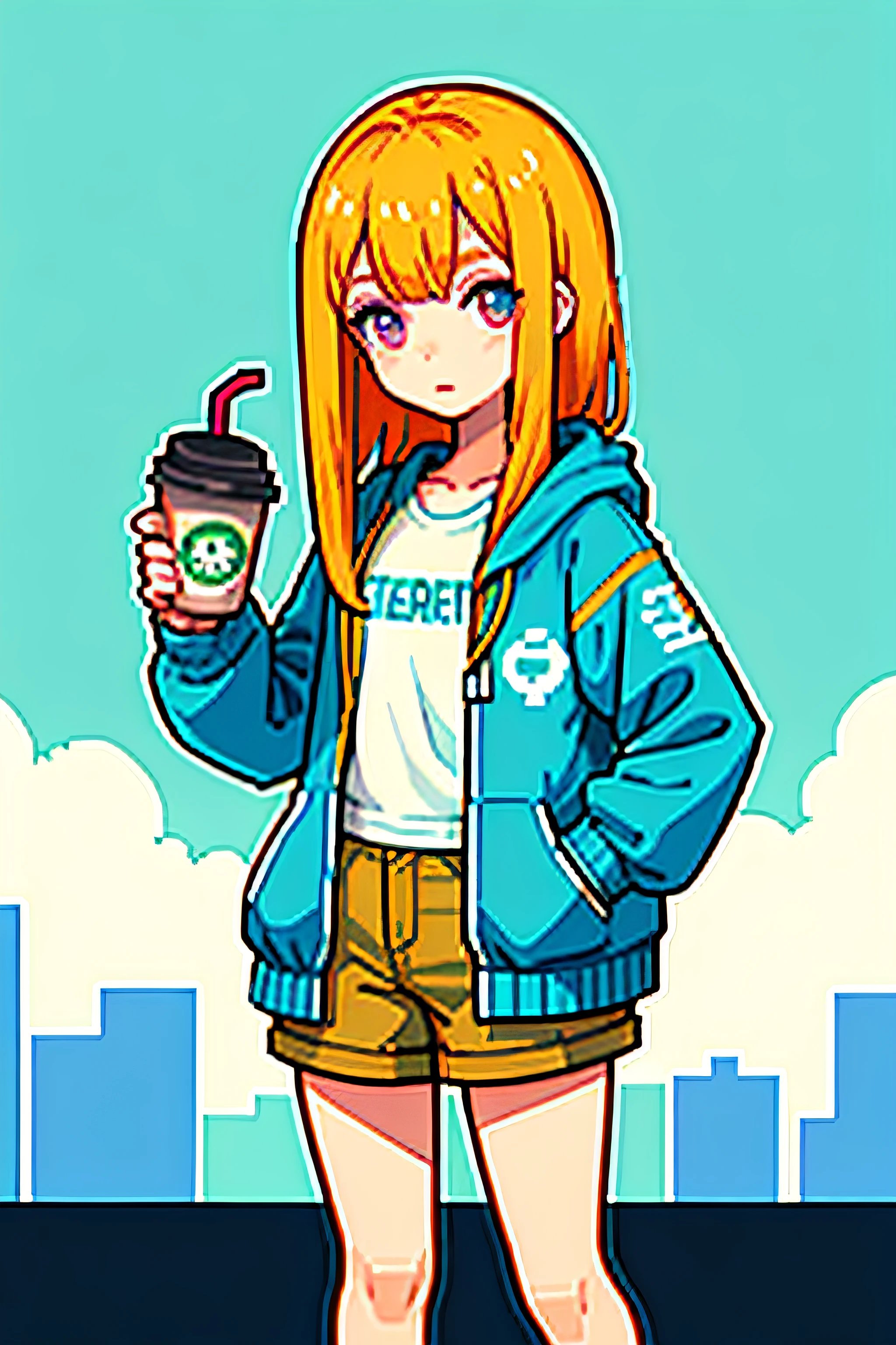 masutepiece, Best Quality, hight resolution, Solo Focus, thick outlines, Cute, Character pastel color palette, 1girl in, Solo, Long baby blue hair, cotton candy pink eyes, :3, Looking at Viewer, Winters, Outdoors, The jacket is a green jacket, A city scape,orange sweater、orange sleeves、White headphones、Tattoos on thighs、shortpants、white thighhig、Yellow hair、Long、holding a starbucks coffee in hand、