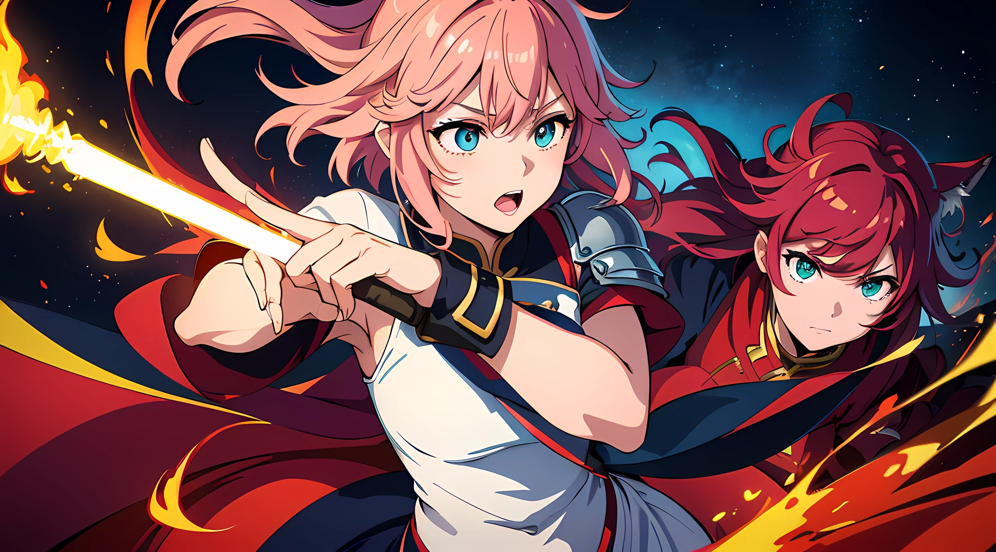 (woman), (yae miko), (ultra-detailed, perfect pixel, highres, best quality, beautiful eyes finely detailed), (fox eared), (full body:0.8), 19 years old anime girl, short raven hair, wavy hair, parted bangs, pink hair, gradient hair color, flowing crimson hair that dances like flames, there is many red fire swirling around her body (transparent:0.7), showing her overpower aura (dangerous and terrifying aura), dangerous, she holding a wizard staff, casting a powerful explosion magic, grand magus, green eyes, strong and heavy steel armor, prestigious, realistic fire, the background is full of magical particles and realistic blue fire. lens flare, glowing light, reflection light, motion blur, 8k, super detail, ccurate, best quality, Ray tracing.