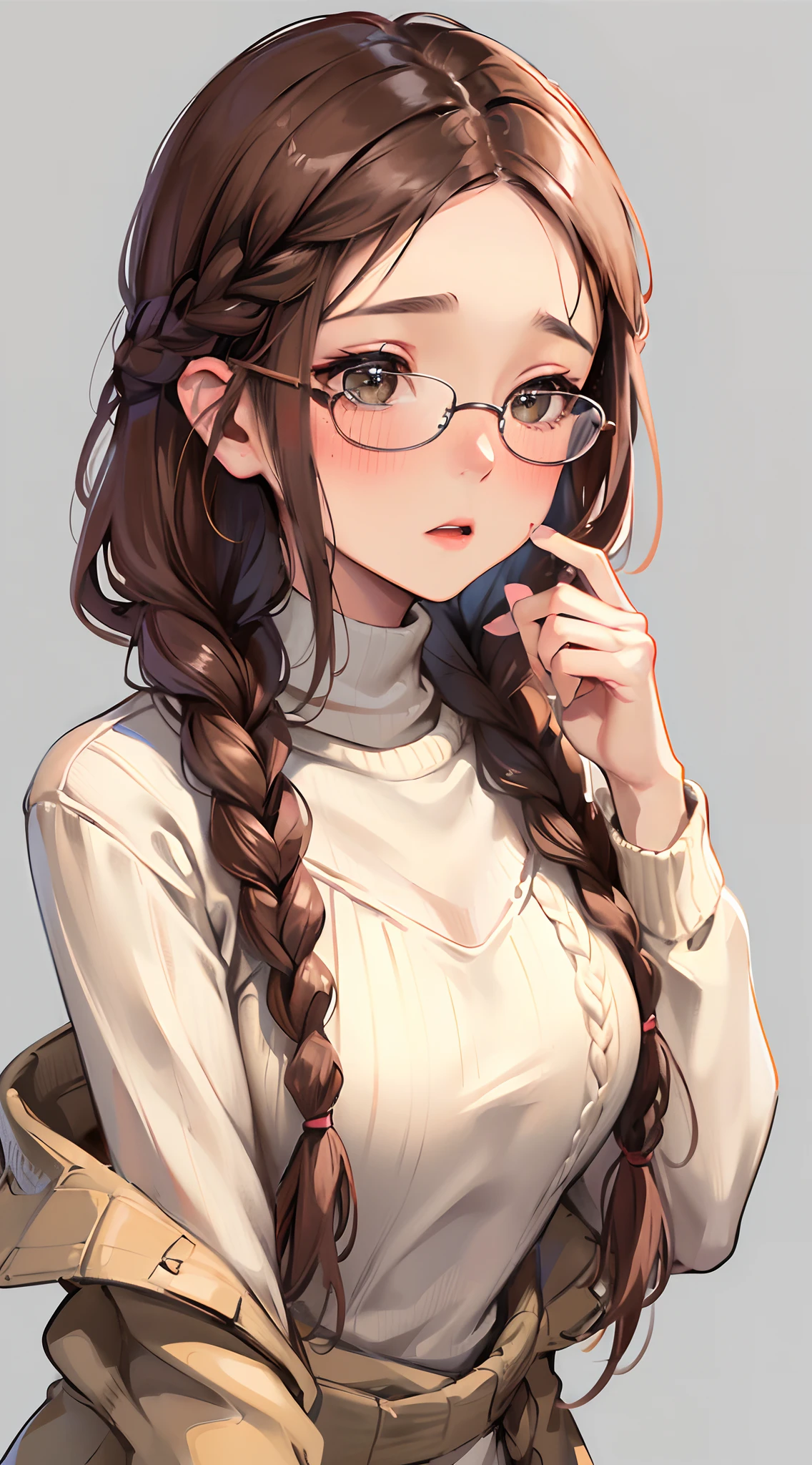 1womanl,Brown hair, ,((Impatient expression)),Beautiful breasts,Sweater knitwear,well-styled,,(Facing the front)(((Blushing cheeks、Surprised look)),(((Braids))),((( Upper body portrait)))Frameless glasses
