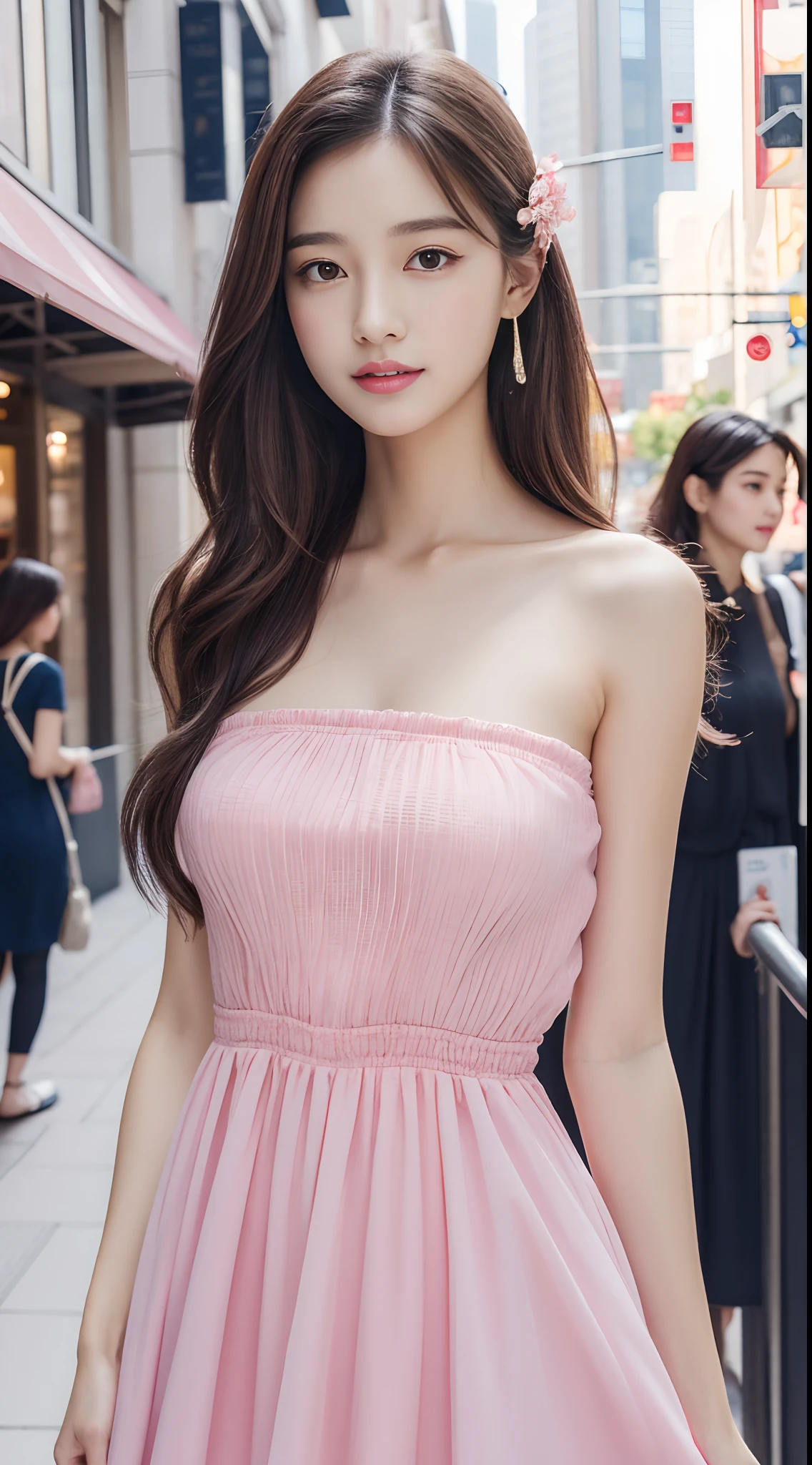 Walk the streets of the city,One lady、 Bandeau Dress, Wearing long gorgeous clothes, Wearing a long dress with pink flowers, cute couple, shopping, In the city, highly detailed beautiful girl, Highly detailed face, Highly detailed eyes, highly detailedskin, extremely detailed fingers, highly detailed nose, very detailed detailed mouth