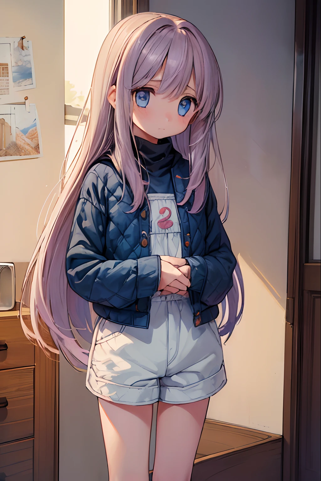 Beautiful illustration, Best Quality,(-yeld gi1.5)、(cute petit girl:1.6)、Lori、flat chest、Winter clothes、((Quilted Shorts:1.2)、Plaid white shorts:1.2)、Gap between thigh and shorts、Clean thighs、Beautiful blue eyes, Cinematic lighting, (Long)、((straight haired))、(Ashamed:1.2)、Redness of the cheeks、
