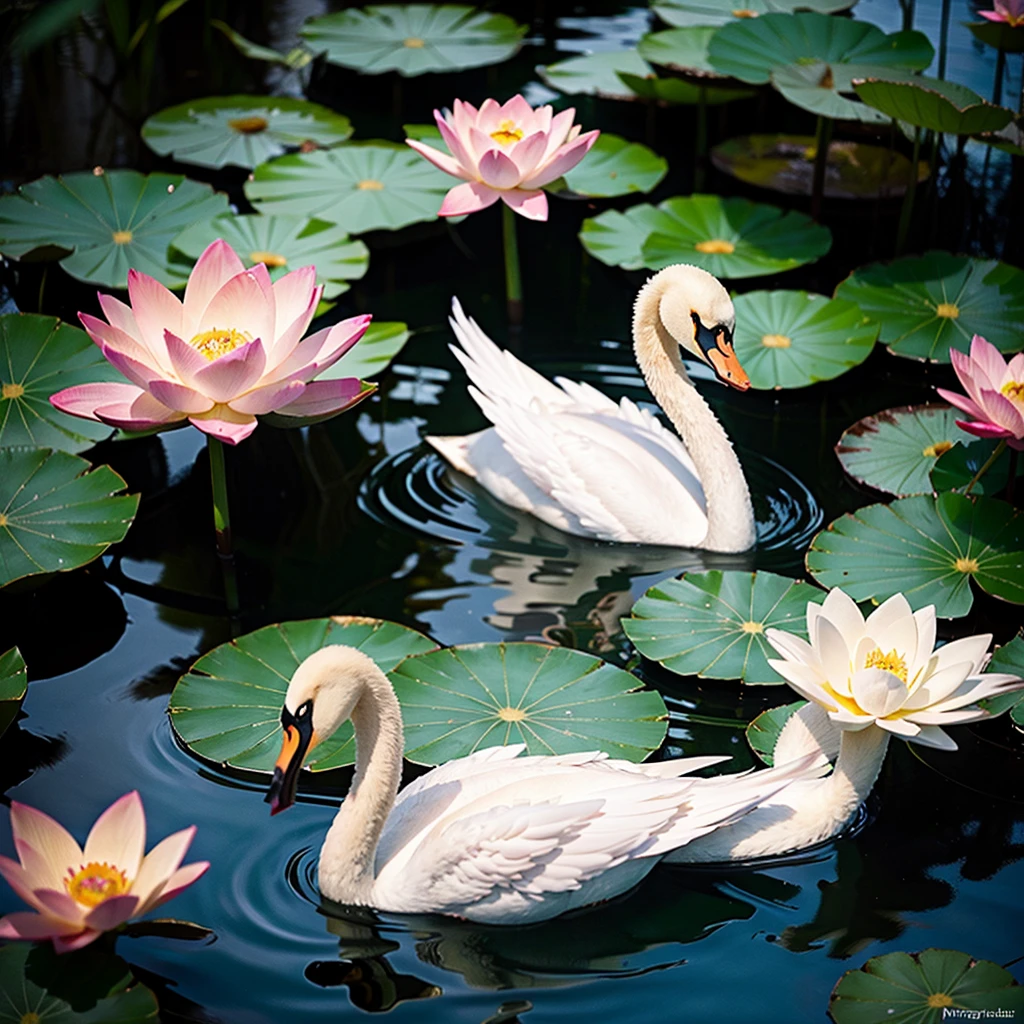 lotuses,Swan in the water,Swans flapping their wings in the water flowers and swans(8K,best qualtiy,tmasterpiece:1.2),realisticlying,(realisticlying:1.37),A detailed,best qualtiy,A high resolution,Photo level,Don't be characterized,Light pink,blossoms, hasselblatt,Photo level,macro