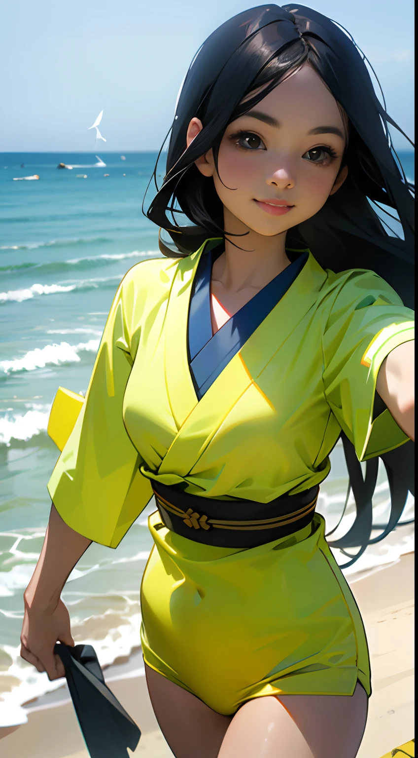 realistic photo image a young Japanese woman walking along the beaches of Brazil, she smiles taking a selfie, she is thin and wears a green and yellow swimsuit, She has long hair that moves in the wind in the water on the beach we see a fishing boat and seagulls around the boat