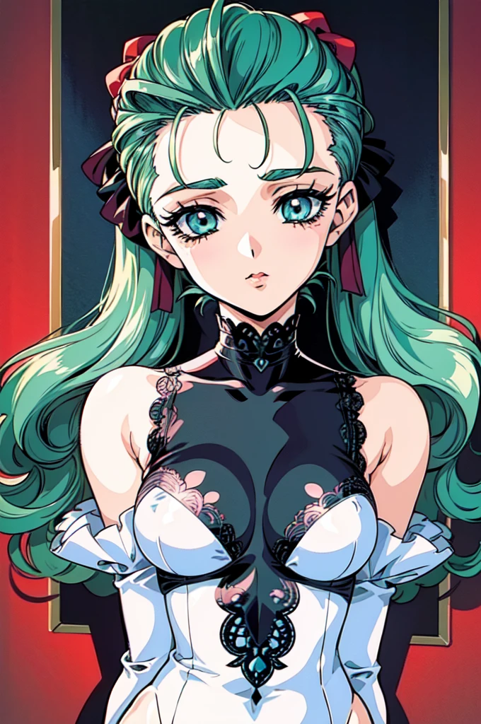 (masterpiece:1.1), best quality, NSFW,
1girl, (80s anime style:1.3), (eyelashes:1.5), (:1.1),
(intricate high detailed body:1.2),
aqua hair, forehead, (hair slicked back:1.2), (twintails, wavy hair:1.1),
green eyes, (red lip stick:1.1),
slender body, huge breasts,
(naughty face:1.2),
neckwear, (white lace leotard with sleeves),
see-through clothes, jewelry,
(cowboy shot, looking at viewer, from front:1.1),
in royal palace,