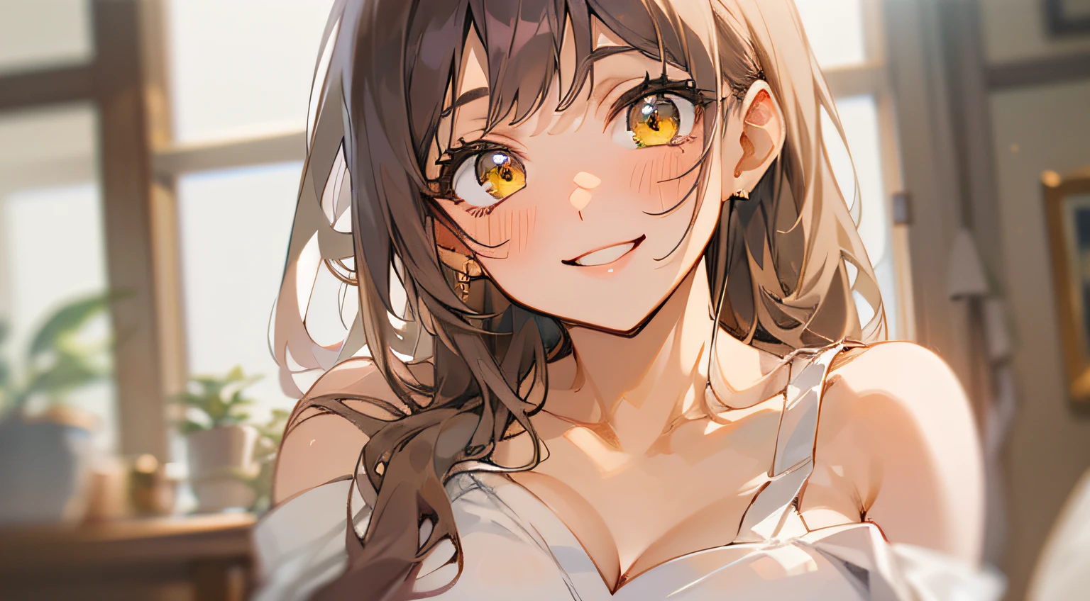 ​masterpiece、top-quality、(brown colored long hair:1.1)、25 year old woman with yellow eyes、japanese comic book、Wearing a white off-the-shoulder blouse、Exposed skin a lot、(large full breasts:1.3)、(A gentle smiling face:1.3)、(Close-up of the subject's face:1.3)、(Staring at the camera:1.3)、The background is the living room、Bold composition、Upper body is shown、Alone、