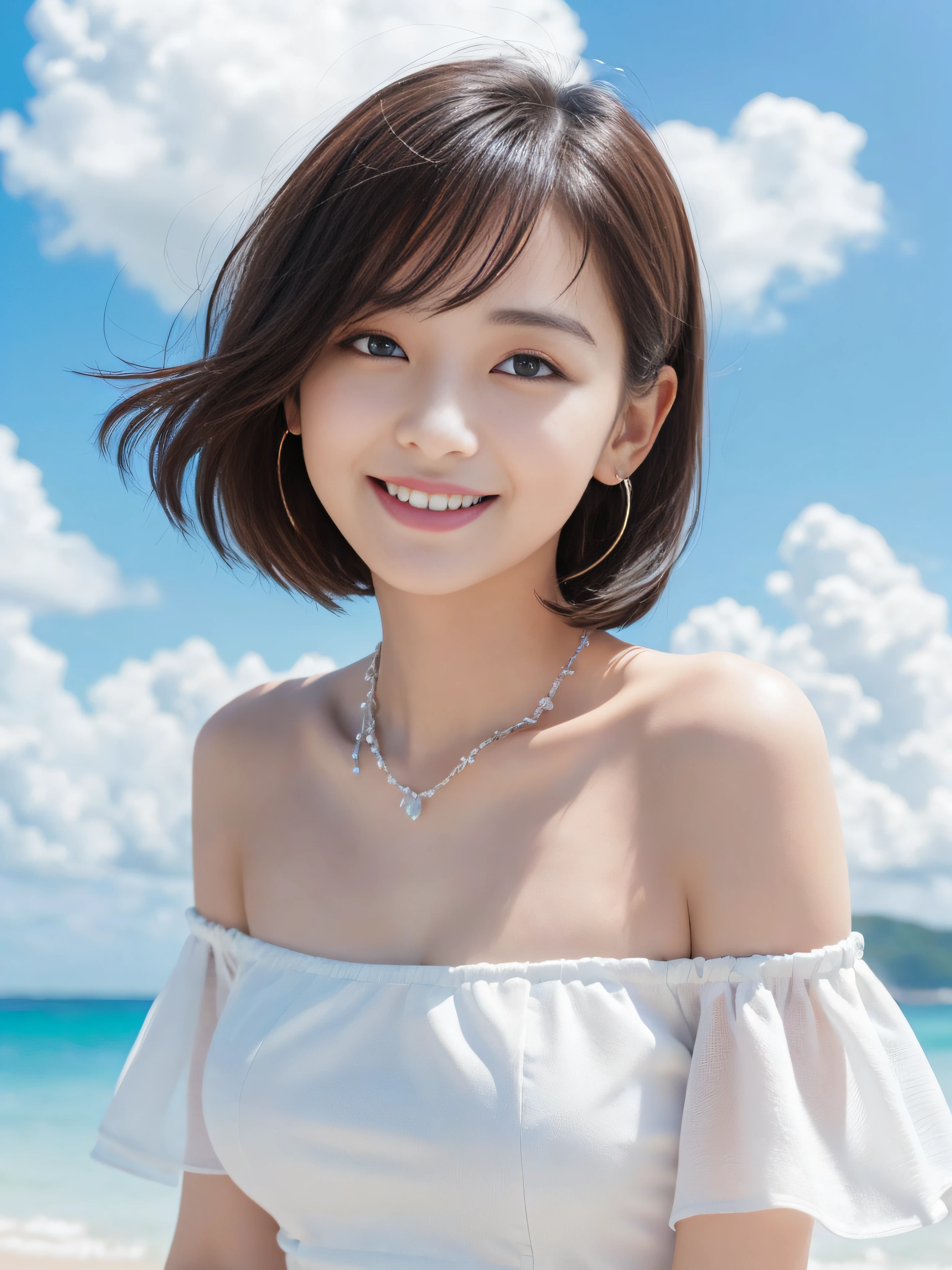 (((masterpiece,top-quality,16 K,perfect detail, Ultra Detail, depth of fields))), medium shot, The most detailed girls, beautiful detailed fullbody, neat figure, 30-year-old woman with, Mature Woman,short-hair, short-haired,Men's, light brown hair, Hair fluttering in the wind, ultra beautiful, Happy, complex details beautiful and delicate eyes, Large duplex,cute smile face,Slightly open mouth, Small breasts, White skin, Piercing, Beautifully gorgeous necklace, Off-the-shoulder dresses, Beach, Beautiful detailed sky, Beautiful blue sky and white clouds, extremely delicate and beautiful,