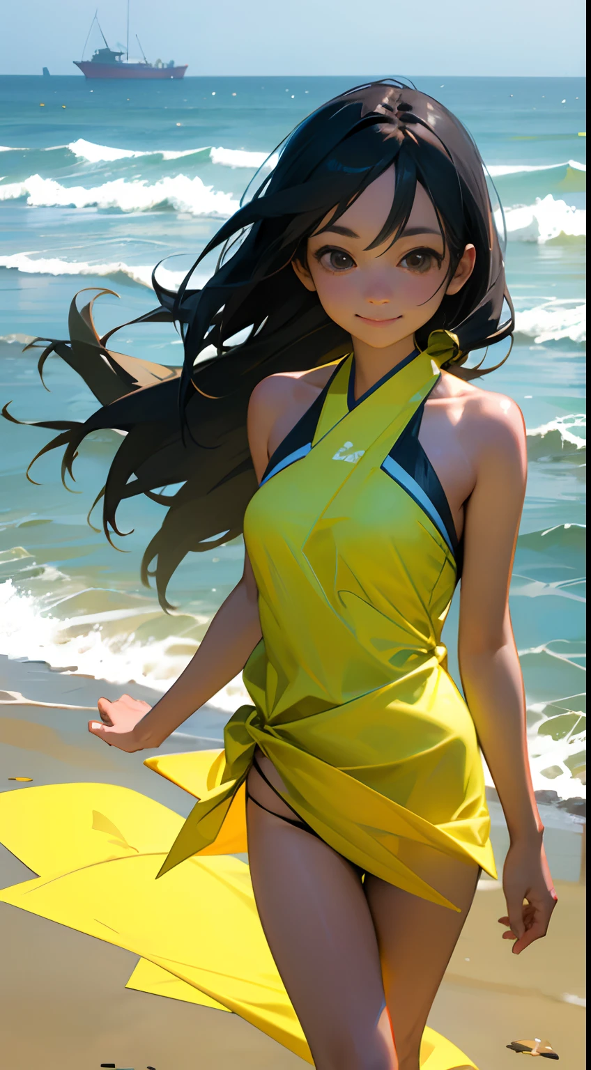 realistic photo image a young Japanese woman walking along the beaches of Brazil, she smiles taking a selfie, she is thin and wears a green and yellow swimsuit, She has long hair that moves in the wind in the water on the beach we see a fishing boat and seagulls around the boat