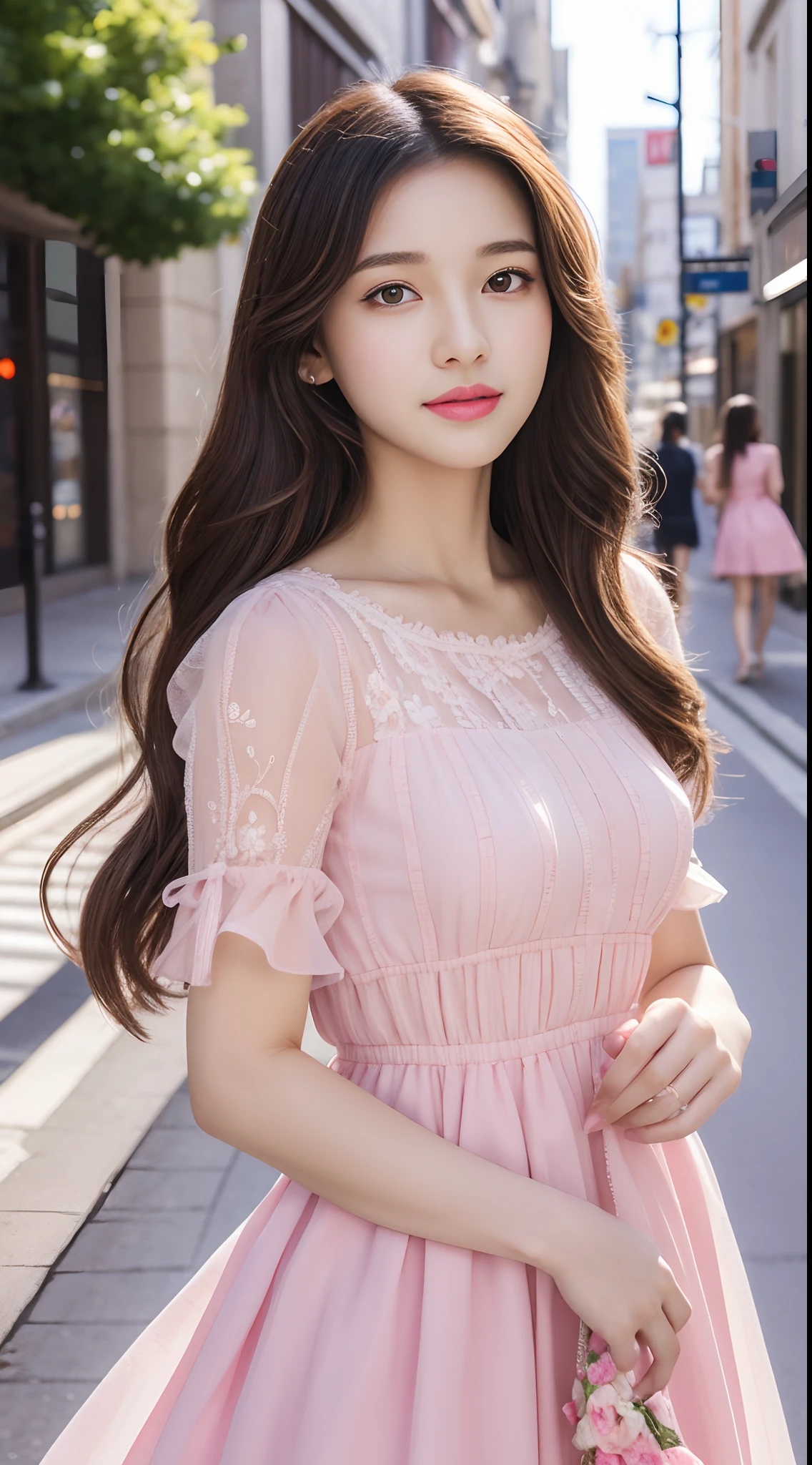 Walk the streets of the city,One lady、 Bandeau Dress, Wearing long gorgeous clothes, Wearing a long dress with pink flowers, cute couple, shopping, In the city, highly detailed beautiful girl, Highly detailed face, Highly detailed eyes, highly detailedskin, extremely detailed fingers, highly detailed nose, very detailed detailed mouth
