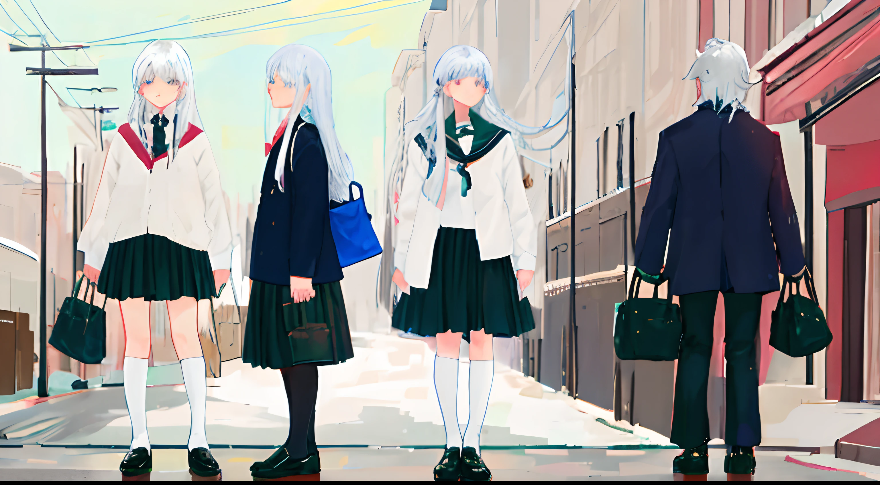 Girl with white hair、student clothes、Long hair、Akame、Leather shoes、skirt by the
