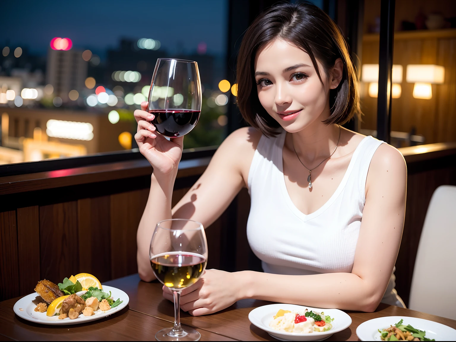 (64K, UHD, top quality, masterpiece: 1.2), (realistic, photorealistic: 1.37), super detailed, pretty woman 1 person, (slim face), (slim body), (brown hair), (short cut), cheeks slightly blushing, (44 years old), 38 years old, solo, beautiful detailed urban night view outside the window, restaurant, wine glasses sit, at night, in a prominent placeNovaFrogStyle, Actress, Model, Waist Up, White Wine, Slim, Wine Glass, Super Clean Night View, Wine Glass Put in the Middle, Happy Smile, (Smile: 1.15), Beautiful Fine Eyes, Upper Body, Bust Japan Up, Night, Short, Short, Actress, Model, Waist Up, White Wine, Slim, Wine Glass, Super Clean Night View, Wine Glass Put in the Middle, Happy Smile,