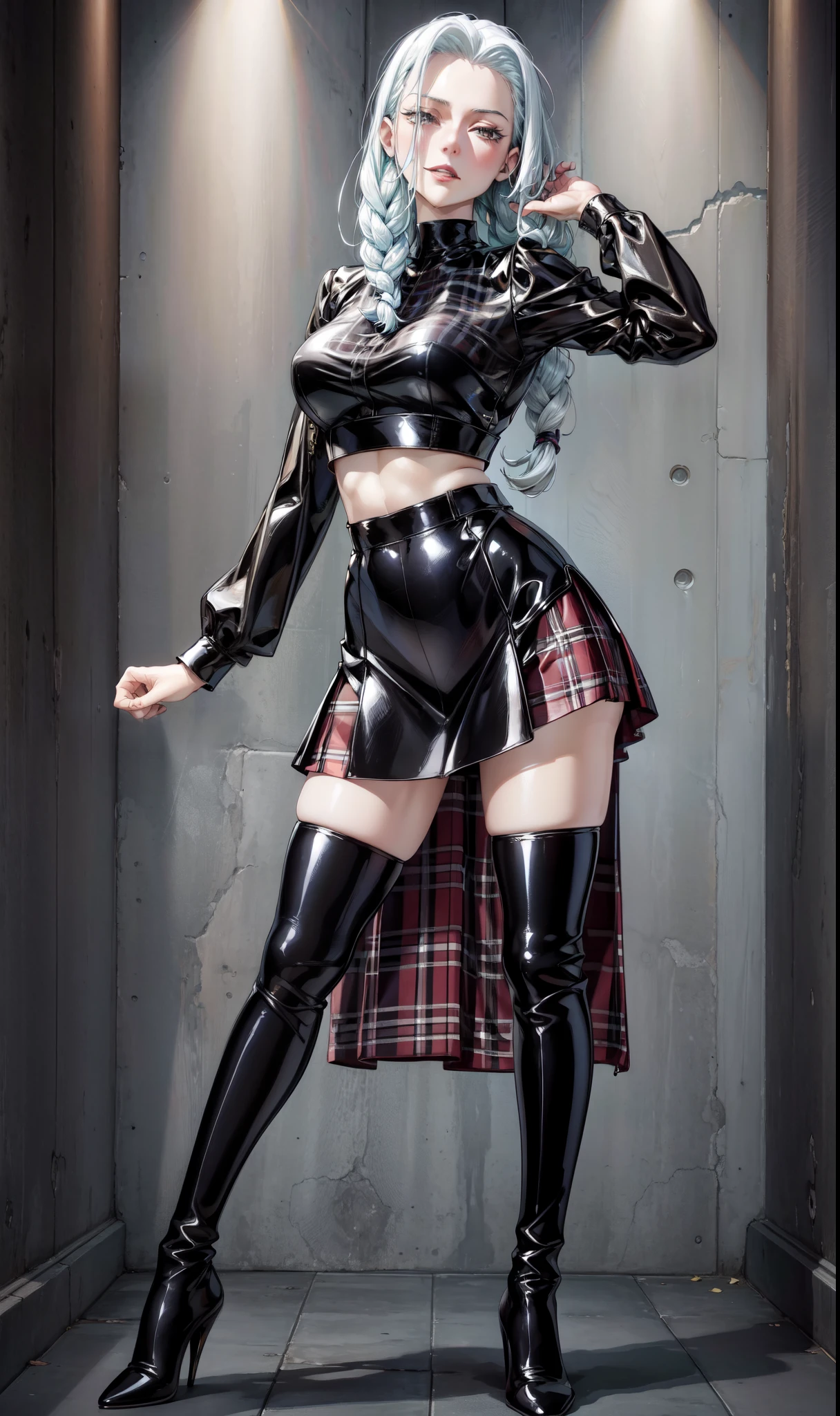 best quality, masterpiece, highres, Beautiful face, full body, patent leather thigh boots, high heel, (plaid skirt), (crop top)