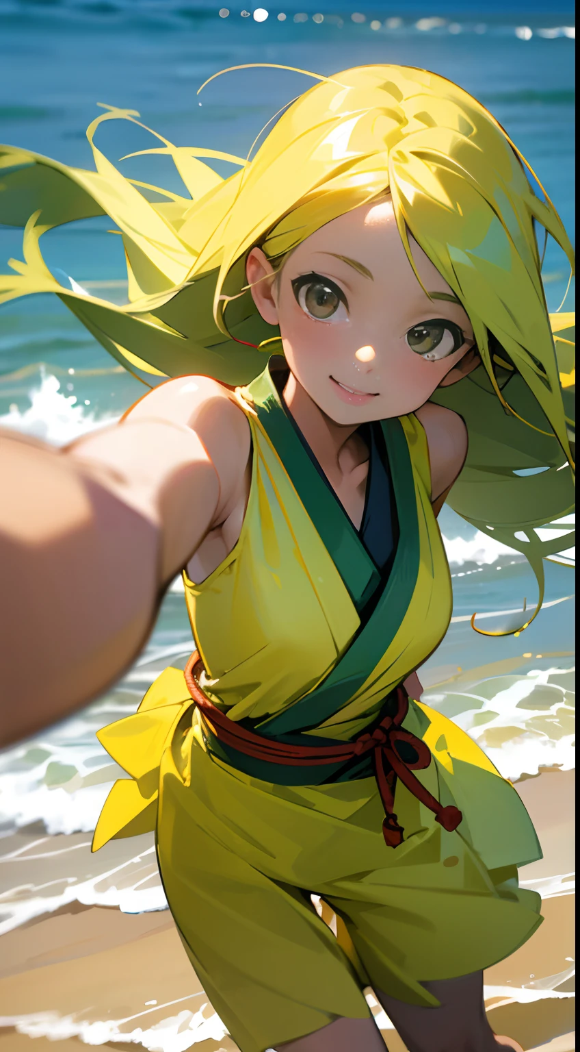 realistic photo image a young Japanese woman walking along the beaches of Brazil, she smiles taking a selfie, she is thin and wears a green and yellow swimsuit, She has long hair that moves in the wind in the water on the beach we see a fishing boat and seagulls around the boat