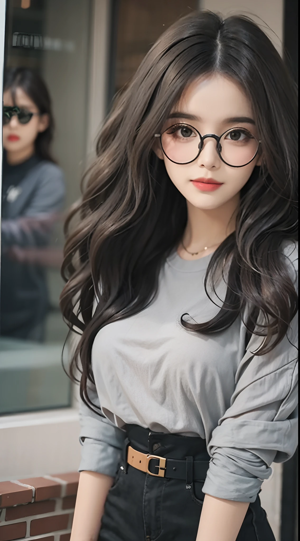 (1girll),Long gray curly hair,fashionable and trendy，simplebackground，retro trend，Cartoon illustration，largeeyes，Metal-framed glasses，Black  top