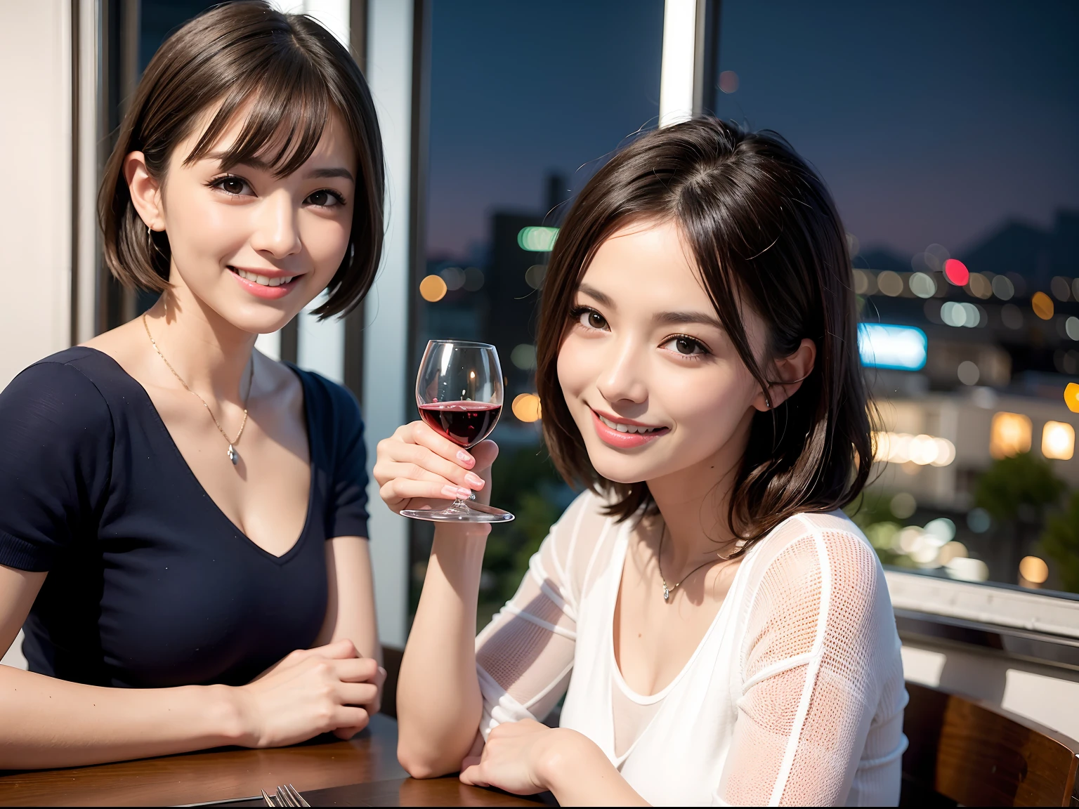 （Realistic:1.1）,(masterpiece,Highest quality)，8k,(49 years old), 53 years old, ベリーslimボディ、slimカップル、Tight waist,Upper Body,full-course dinner、wine 、Amazing view of the sunset sky and clouds、Perfect Anatomy, Brown Hair, short hair,Random Hairstyles,((Highly detailed face and eyes:1.2))，Perfect golden ratio face，Long sleeve shirt、dress,(smile:1.2)、Shortcuts、cute、(Realistic, Intricate details:1.2), A bright smile、short hair,Bright Face、赤wine 、Appetizers、Italian food、wine bottle、Champagne、スパークリングwine、(slimな顔), (The body is slim), (Brown Hair), (Shortcuts),  Upper Body, 白wine, slim, wineグラス, 