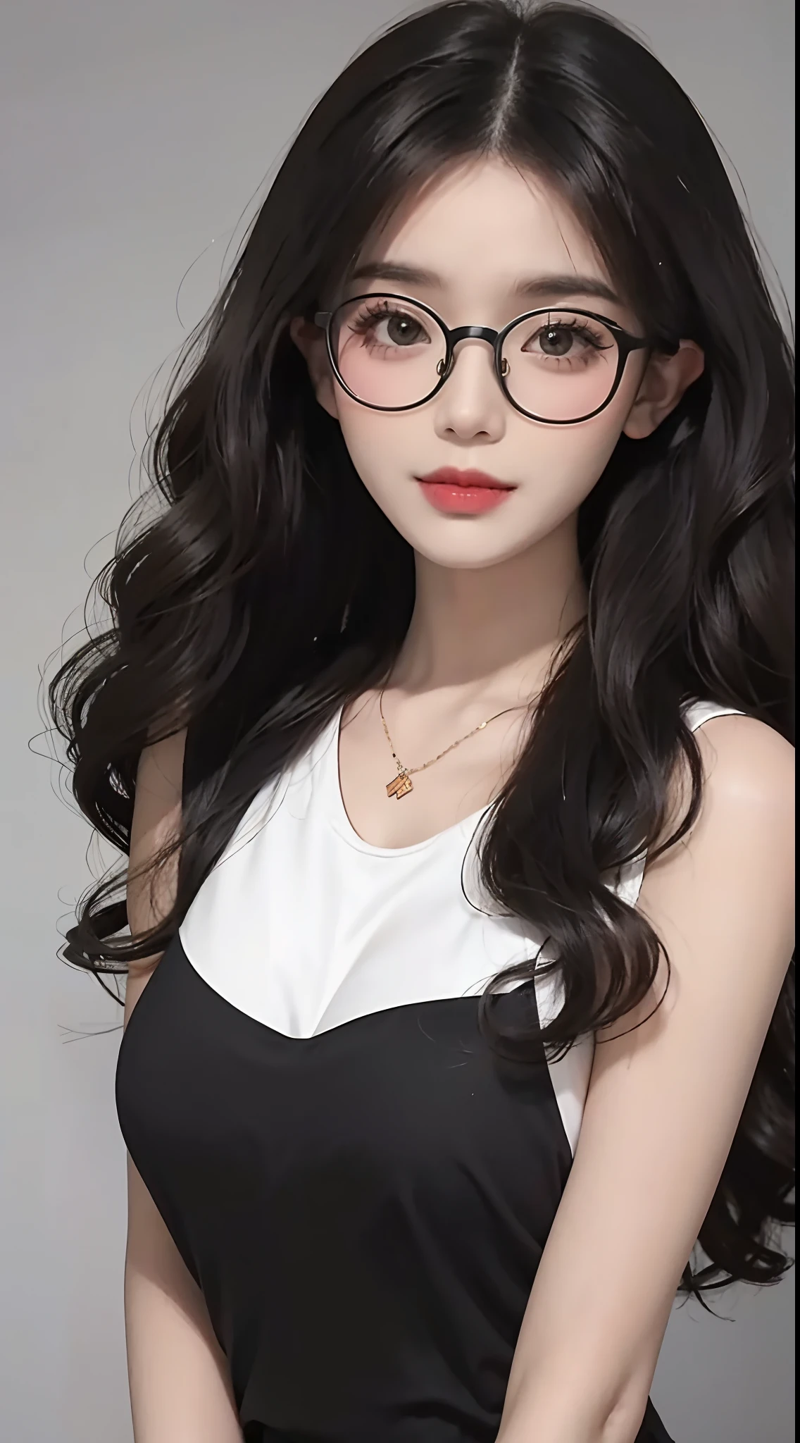 Hay una mujer con gafas y un top blanco posando para una foto, con gafas, con gafas puestas, Anteojos, Cabello negro largo y ondulado y gafas, con gafas negras, gafas gruesas, gafas, ulzzang, Sakimichan, realista. Cheng Yi, usar gafas redondas grandes y delgadas, Hermosa Delphine, pale porcelain white skin