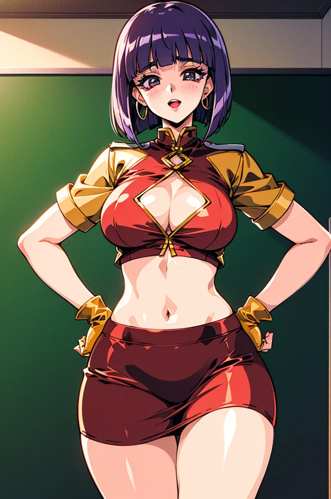 "(masterpiece:1.1), best quality, (NSFW:1.1),
1girl, gyaru, (80s anime style:1.3), (eyelashes:1.5),
(intricate high detailed body:1.2),
(purple hair:1.1),
(blunt bangs:1.1), (bob cut:1.1),
brown eyes, (red lip stick, eye shadow:1.1),
(oiled skin:1.3)(curvy body:1.2), (large breasts:1.1),
calm, open mouth,
(school uniform, skirt, midriff peek:1.1), (cleavage cutout:1.1),
spiked, long gloves, hoop earrings, hair ribbon,
standing, hand on hip,
upper body,
(classroom:1.2)"