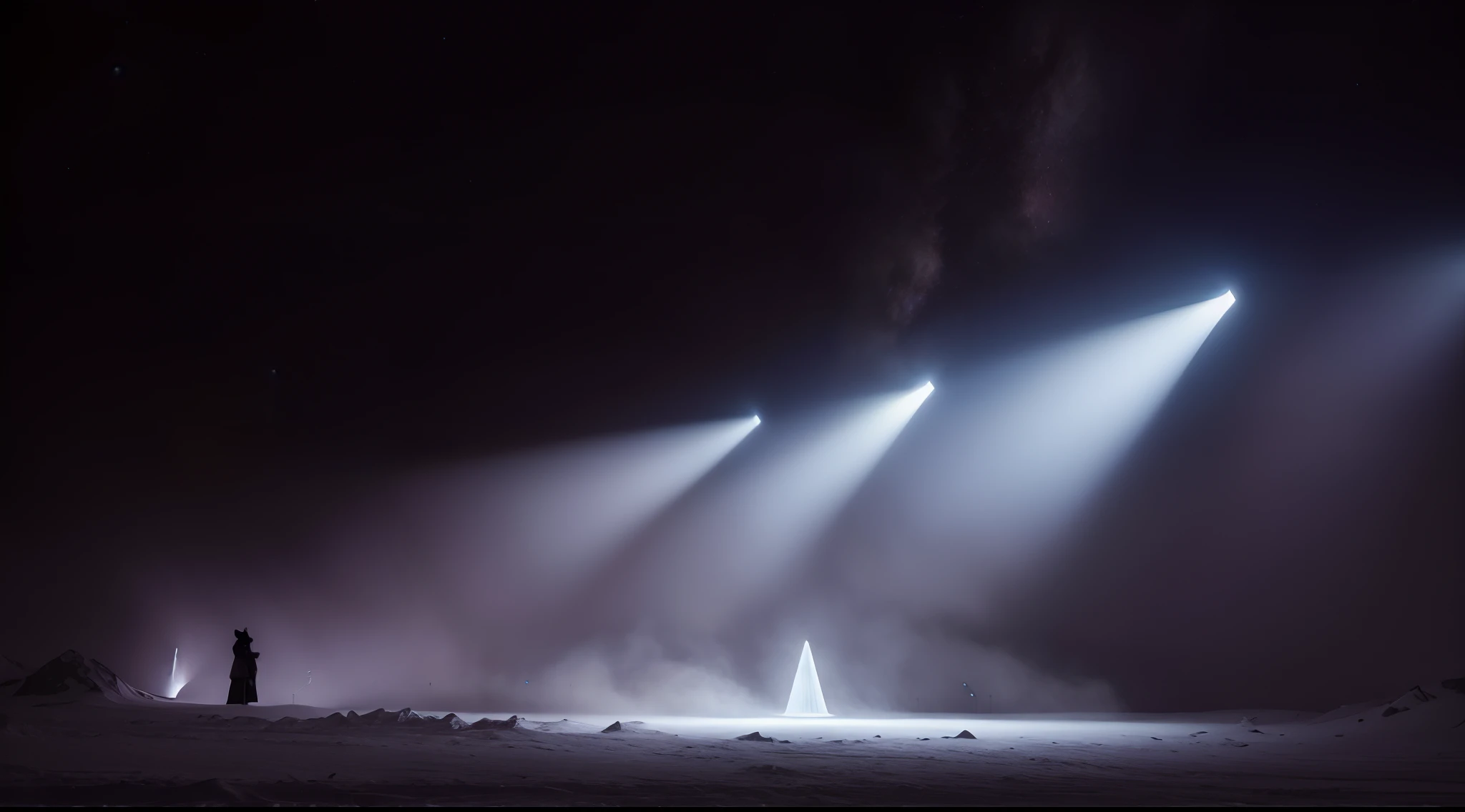 Ethereal snowscape, Vast stage, Unleashing creativity, Harmony with nature, Comedic light, Surrealism, Olafur Eliasson, Wide-angle shot, Fantasy lighting, backlit