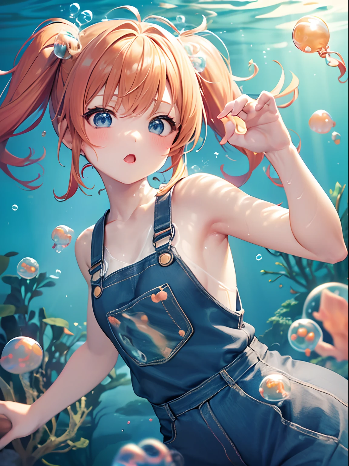 kawaii, anime style, masterpiece, best quality, ultra detailed, A girl floating in cider, 1girl naivety bright fine big_blue_eyes beautiful, orange_short_hair twintails side_up, 10years_old small_breasts child's_body_shape, overalls on bare skin(bubbles, underwater:1.5)