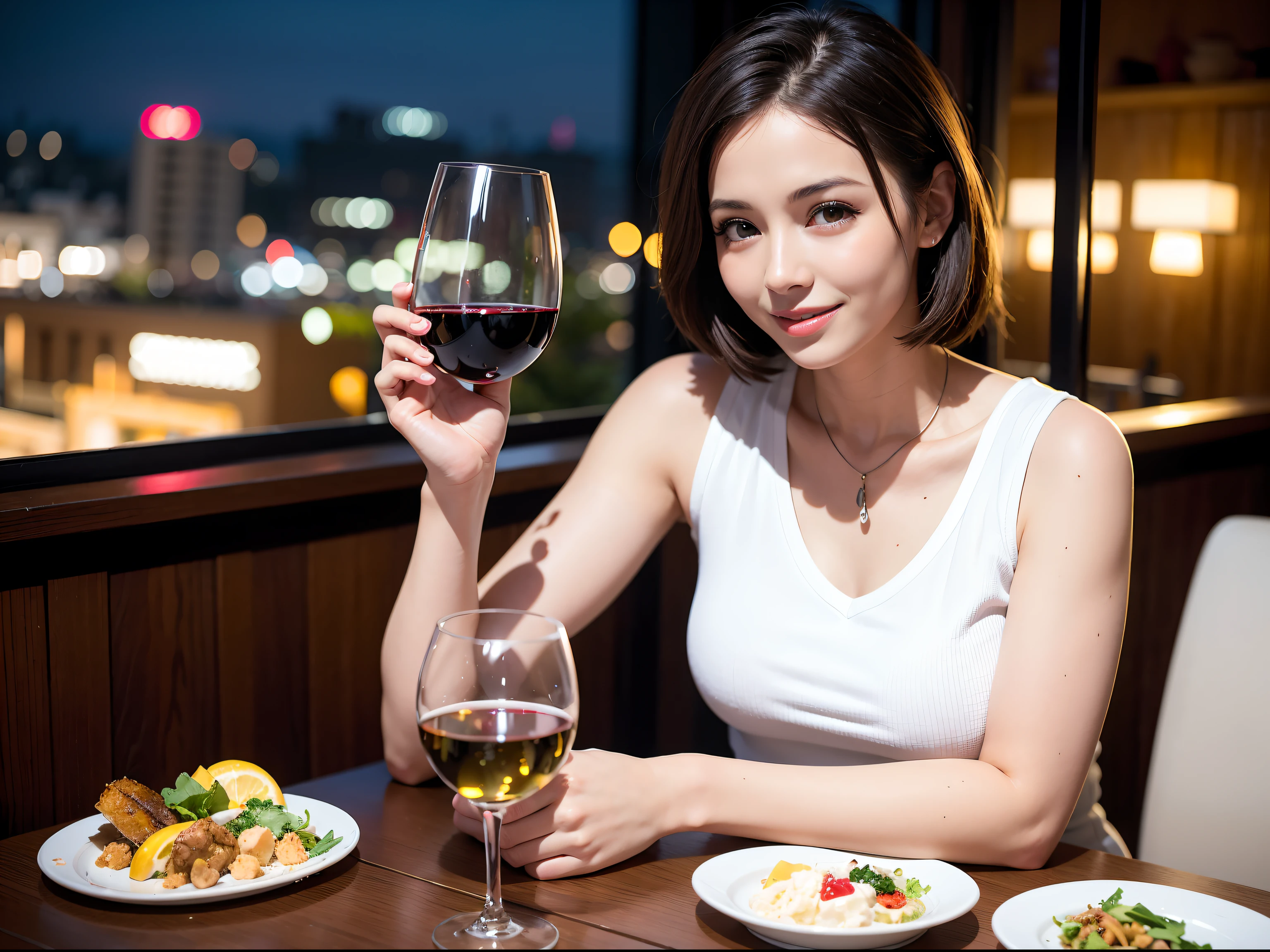 ((Highest quality、8K、masterpiece:1.3))、1 male 1 female、lover、Beautiful couple、Happy smile、full-course dinner、 (Slim face), (the body is スリム), (Brown Hair), (Shortcuts), ((Bob Hale、Straight hair:1.2)), テーブルの上のwine glass、Put the light on your face、 Amazing view of the sunset sky and clouds、The beauty of a smile、Bright image、Blushing, Shortcuts, (Age 35), 39 years old, Appetizers、Italian food、Wine bottle、Champagne、sparkling wine、Long sleeve shirt、dress、Attractive beauty、restaurant, Nova Frog Style, actress, model, Upper Body, White wine, red wine, wine glass, 