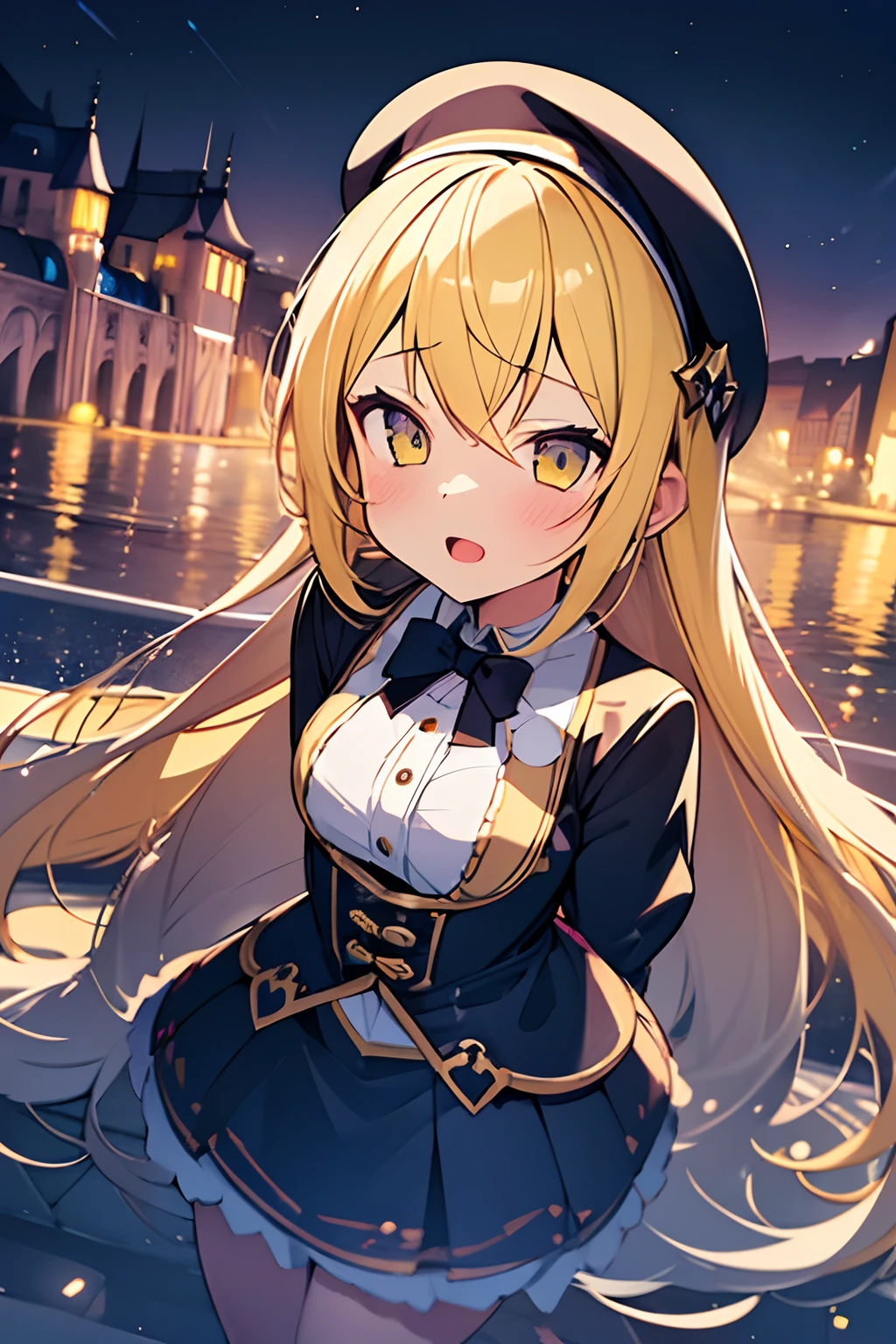 1girl. yellow hair.long hair.short stature. small breast.skirt. (((masterpiece))).(((best quality))).)((ultra-detailed))).(((illustration))).(((night view))).Magical girl costume.magic circles.open mouth.Sad face.beret