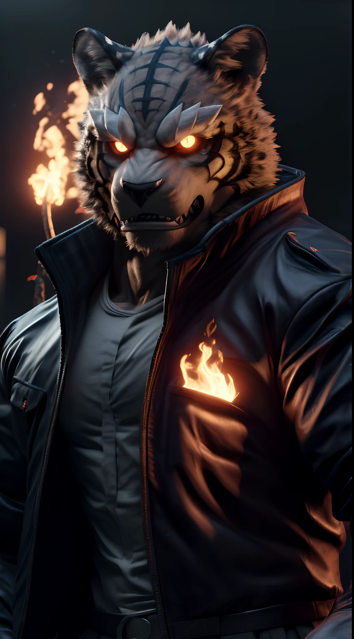 (best quality,8k,highres,masterpiece:1.2),ultra-detailed,(photorealistic:1.37),(the ultimate Orochi Grant),red glowing eyes,staring at the viewer,detailed facial features,same design as Iori Yagami,background from The King of Fighters XV,fiery background,serious expression,on a realistic face,in 8k.