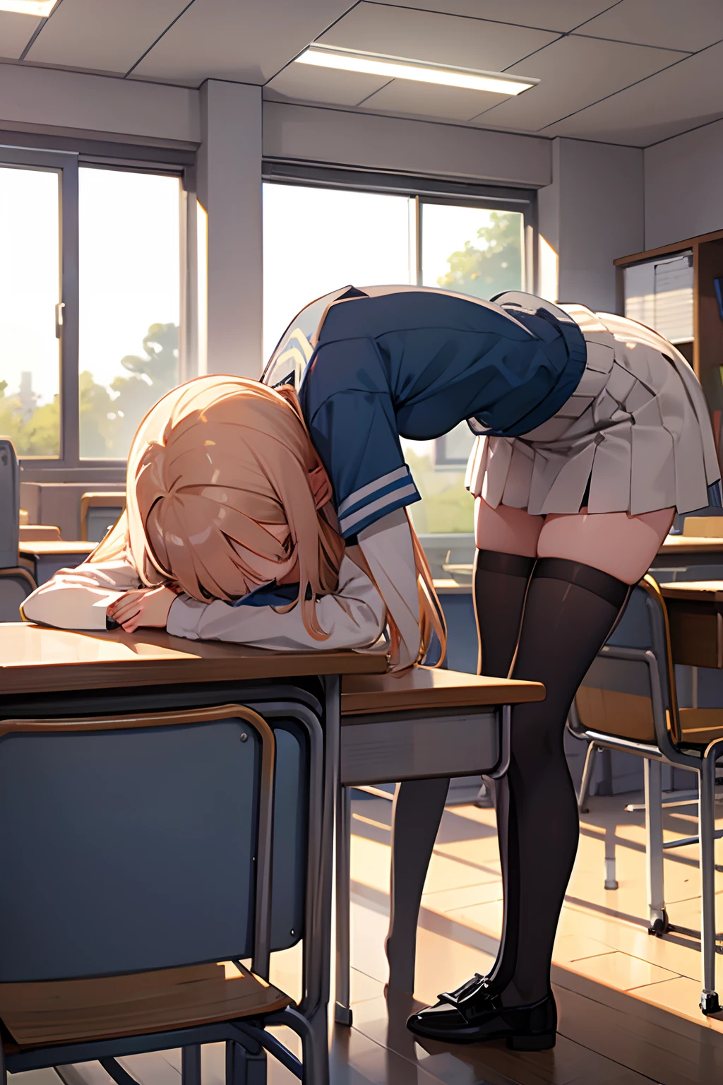 girl bent over at school, girl bent over desk