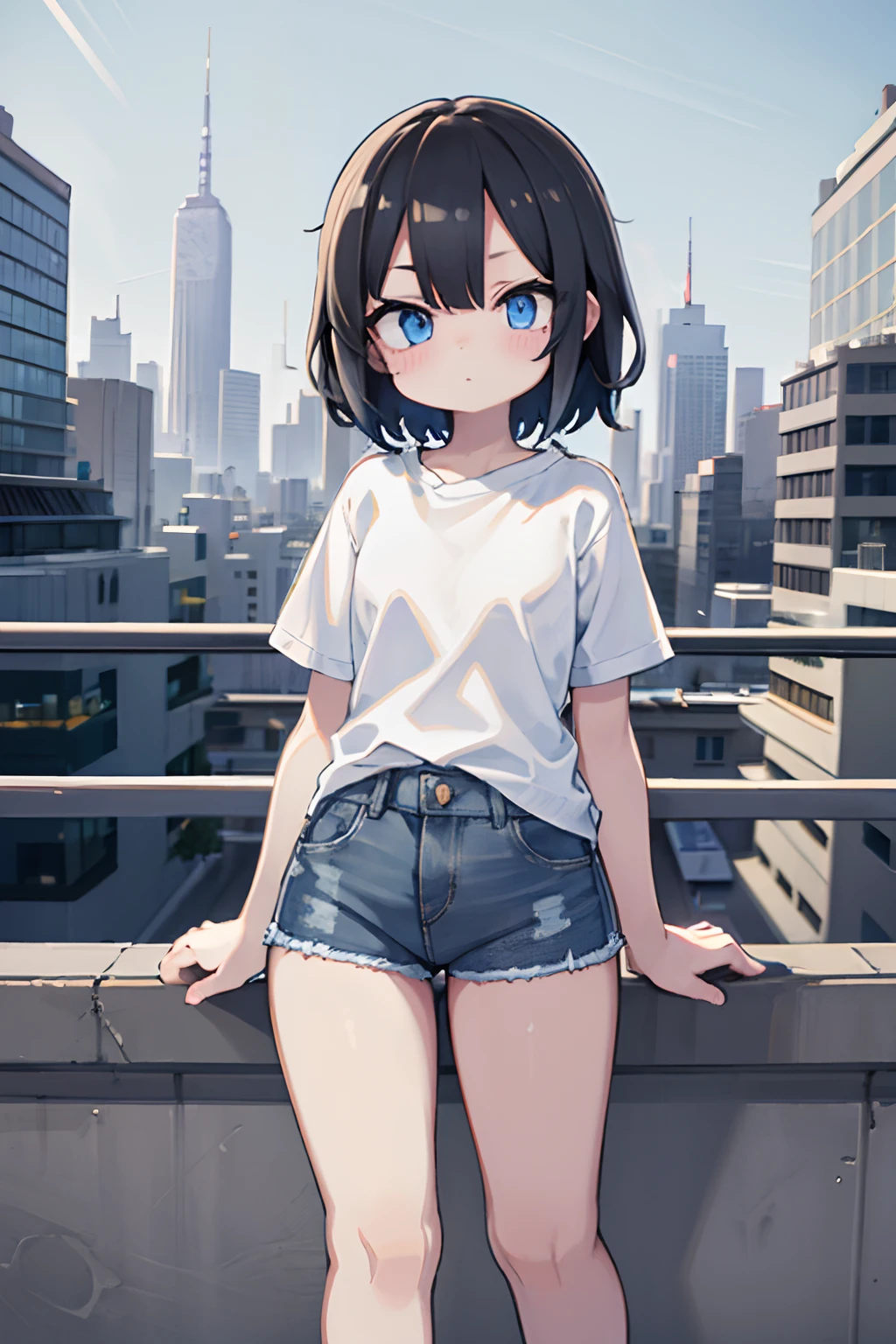 1 girl, short black hair, blue eyes, wearing plain white shirt, denim shorts, city, absurd, high resolution, ultra-clear, 8k, masterpiece, Looking at Viewer, standing
