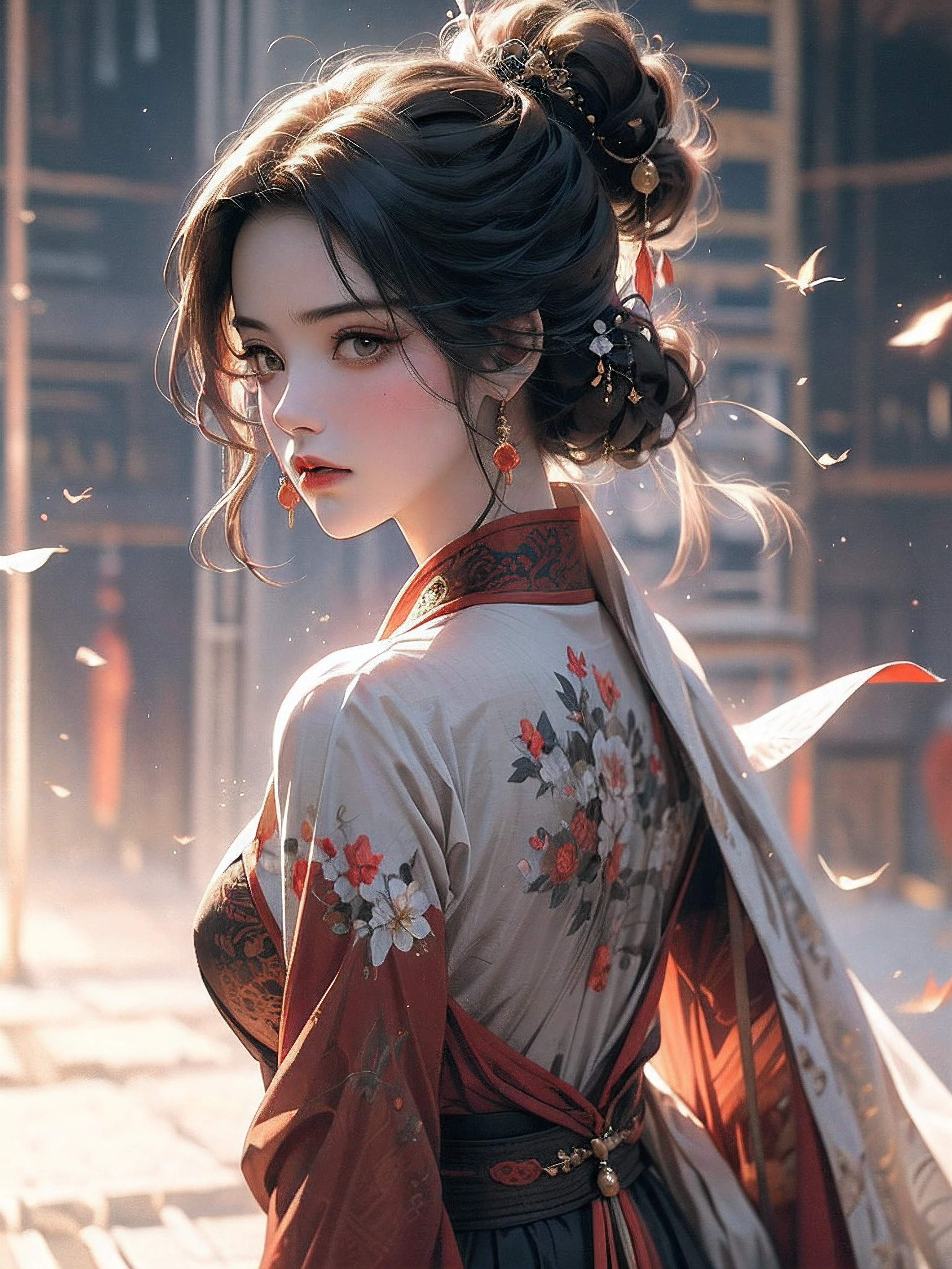 A bust of a woman with black hair and black eyes, a woman, a serious expression, attack action, dynamic composition, bowed head, Hanfu, red clothes, cold eyes, loose hair, (ink smudge) beautiful character painting, clothing black and white ink style, face delicate color, watercolor, light color, martial arts style, national style, delicate and beautiful face, waist seal, sharp eyes, detailed five fingers, wide hips,