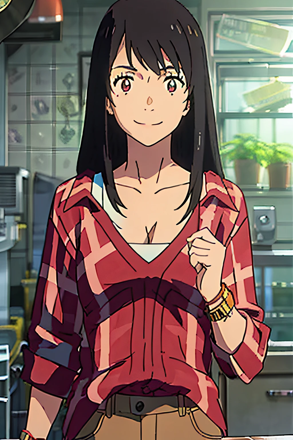 1girl, solo, upper body, facing viewer, looking at viewer, smile, Natsumi_Suga, long hair, breasts, shirt, black hair, cleavage, jewelry, pants, bracelet, watch, wristwatch, plaid shirt