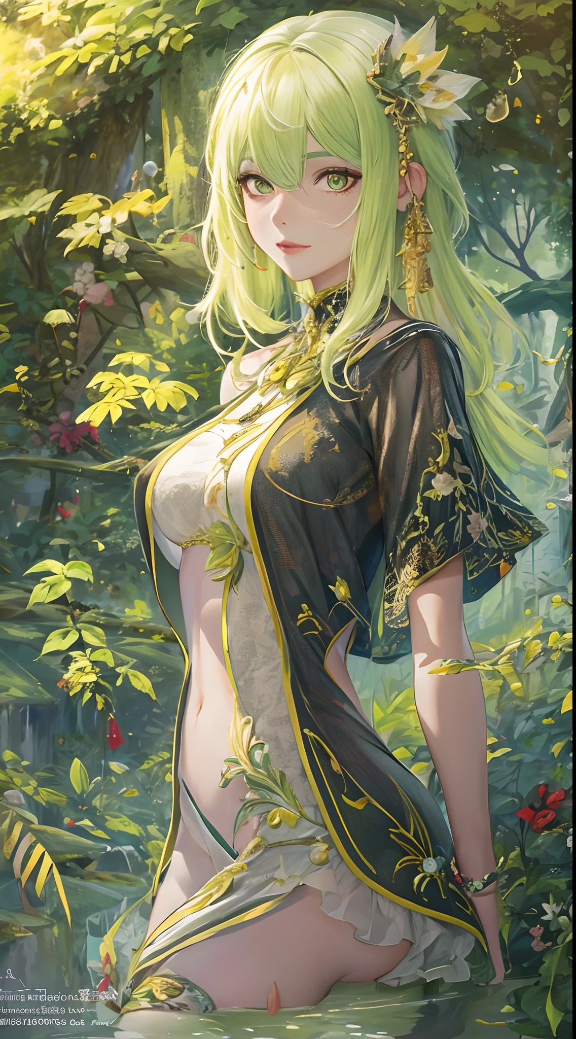 （tmasterpiece，top Quority，best qualtiy，offcial art，Violence and aesthetics：1.2），Extremely detailed，（s fractal art：1.3），Most detailed，one-girl，in style of ghibli，Yellow hair，Green eyes，adolable，Full of vitality，Fair skin，full bodyesbian，shift dresses，freshen，Park background，white stockings，Long legs