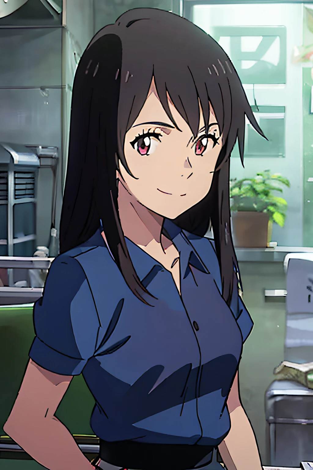 1girl, solo, upper body, facing viewer, looking at viewer, smile, Natsumi_Suga, skirt, shirt, black hair, short sleeves, puffy sleeves, blue shirt