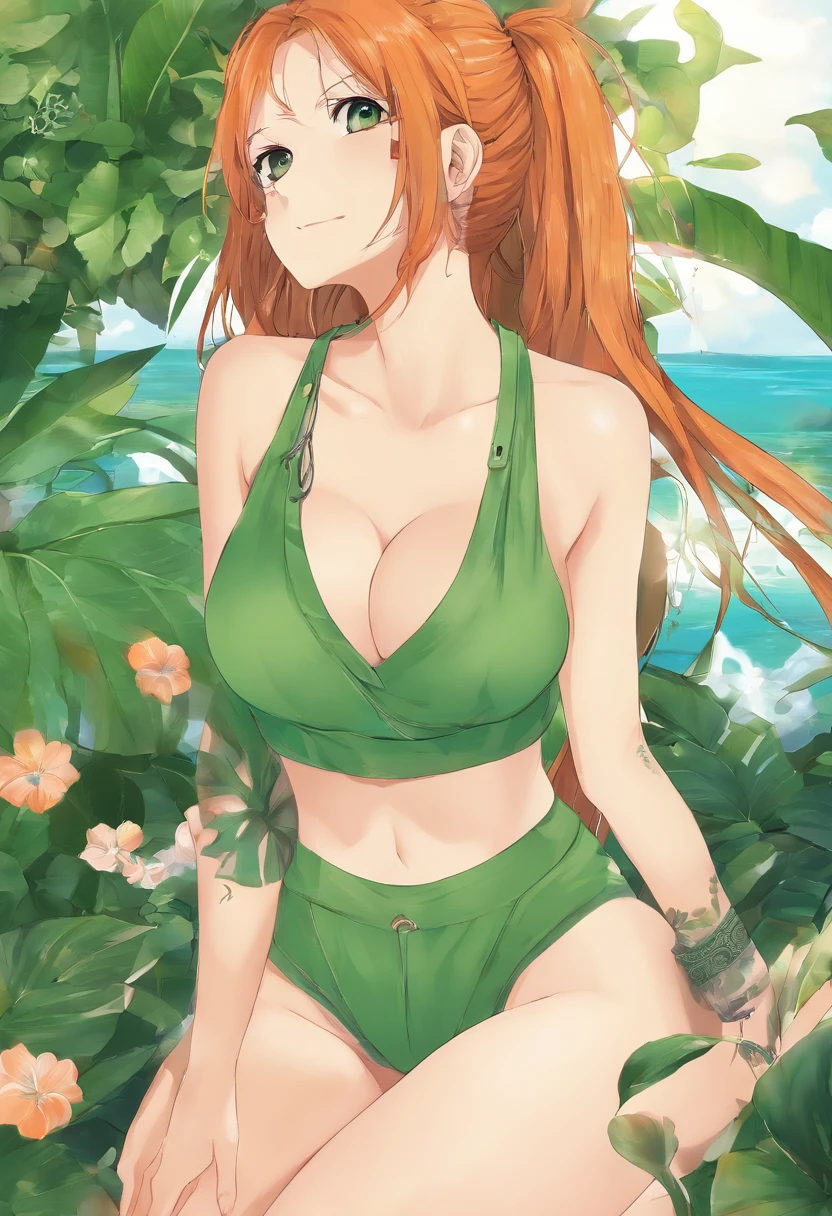 nami \(one piece\), 1girl, bangle, bangs, bare shoulders, belt, bikini, bikini top only, bracelet, breasts, brown eyes, bubble, cleavage, denim, earrings, floating hair, green belt, green bikini, groin, jeans, jewelry, large breasts, long hair, looking at own body, navel, orange hair, pants, shoulder tattoo, sidelocks, sky, smile, solo, stomach, swimsuit, tattoo, angry, crossed arms, (sweaty:1,2), shy, flusttered, , ((masterpiece))