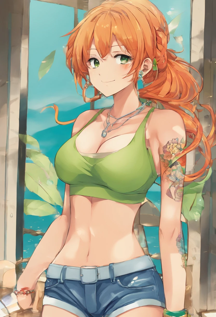 nami \(one piece\), 1girl, bangle, bangs, bare shoulders, belt, bikini, bikini top only, bracelet, breasts, brown eyes, bubble, cleavage, denim, earrings, floating hair, green belt, green bikini, groin, jeans, jewelry, large breasts, long hair, looking at own body, navel, orange hair, pants, shoulder tattoo, sidelocks, sky, smile, solo, stomach, swimsuit, tattoo, angry, crossed arms, (sweaty:1,2), shy, flusttered, , ((masterpiece))