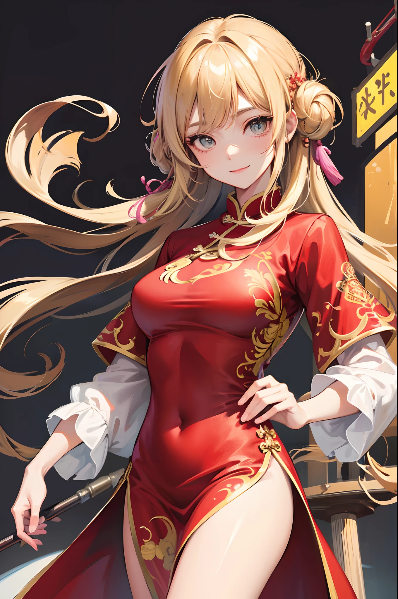 1girll,origin,Cowboy shot,Closed mouth, china dress, Light smile,, Simple background,