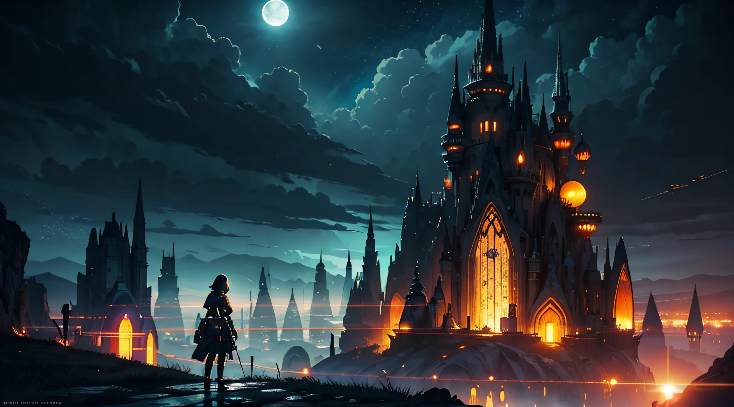 Dark Fantasy, The fantastic scenery, highly detailed landscape, Moonlight, Alien City The Future of Science Fiction, dark art, Dystopian atmosphere, Mechanical and retro world, land like cappadocia, light from building windows, Strange architecture and streets inspired by Antonio Gaudi, dark sky, Overcast sky, grey sky, Retro analog synthesizer shape, Mechanized anime girl playing a retro analog synthesizer