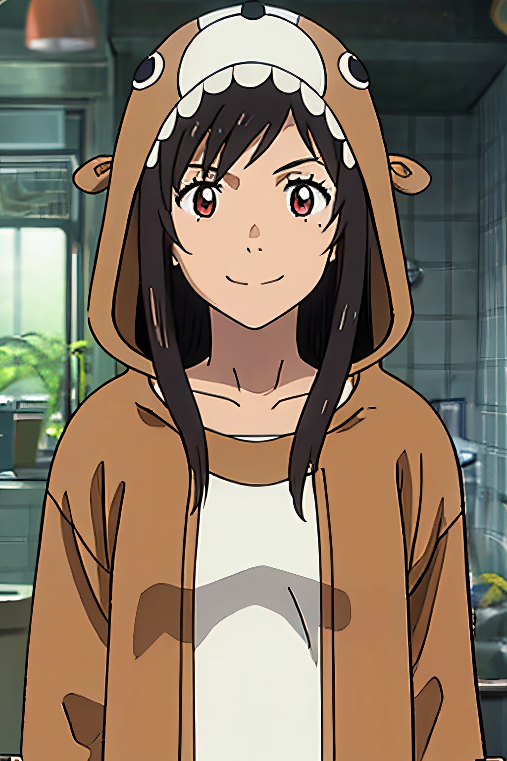 1girl, solo, upper body, facing viewer, looking at viewer, smile, Natsumi_Suga, hooded bear costume,