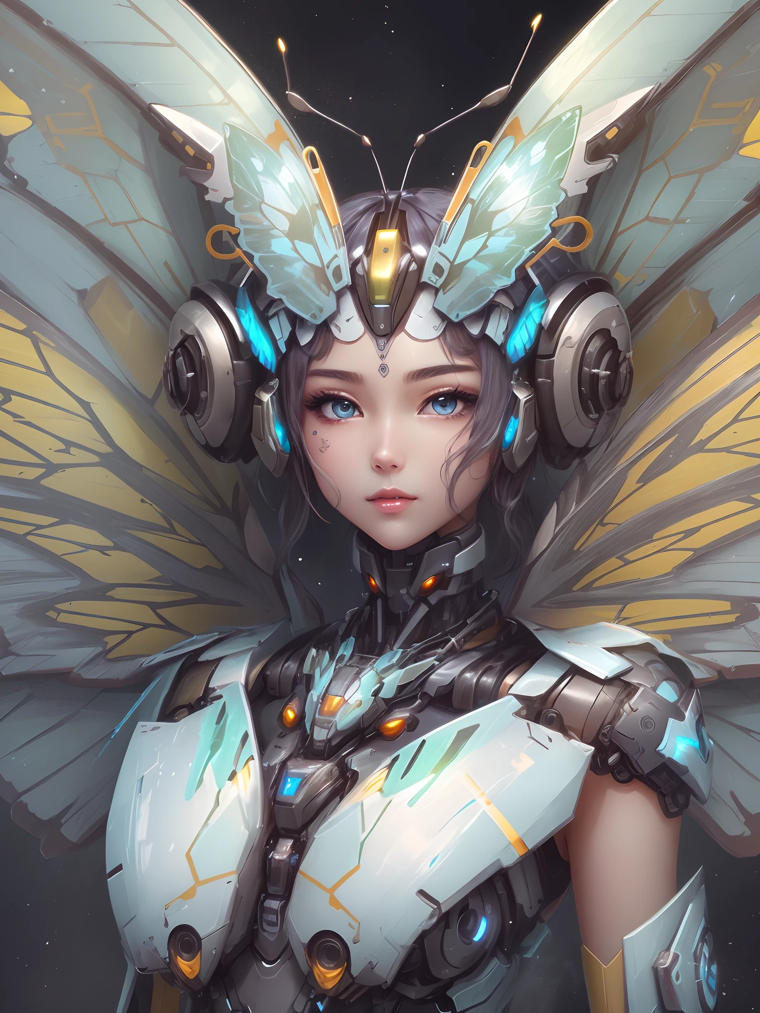 (Huge butterfly wings,)Close-up of robot with butterfly wings, futuristic robot angel, full of insect robots, Mecha wings, Beautiful robot character design, anime robotic mixed with organic, Biopunk cyborg, cyborg people, Mechanized Valkyrie girl, (beauitful face,Exquisite facial features,eyes with brightness)