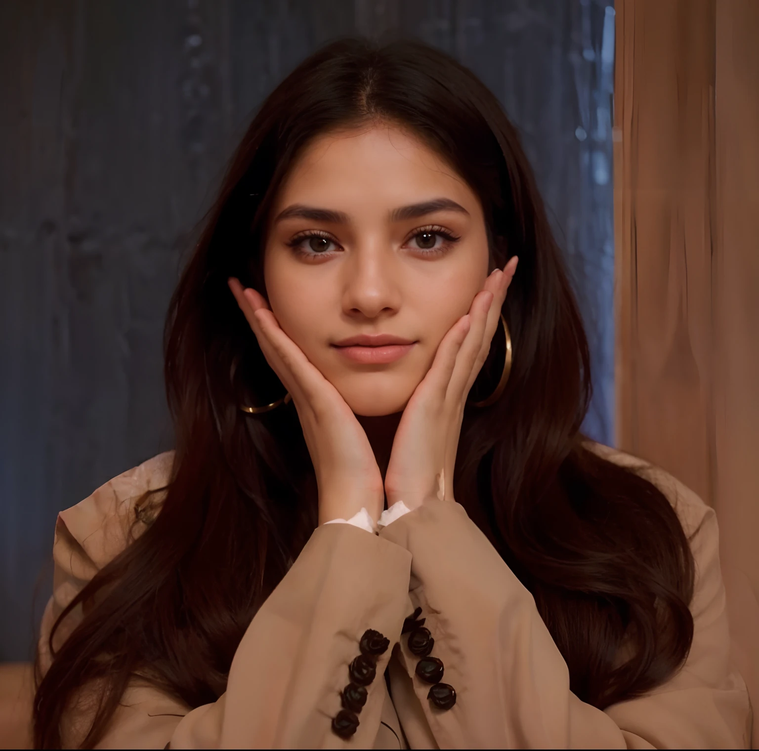 medium close-up photo of a beautiful arab girl, adorable face, black long hair, no makeup, realistic skin texture, warm, low saturation, green, rich colors, by Alessio Albi, nikon d850, zeiss otus 85mm f/1.4, hyper realistic ,lifelike texture, dramatic lighting, cinestill 800
