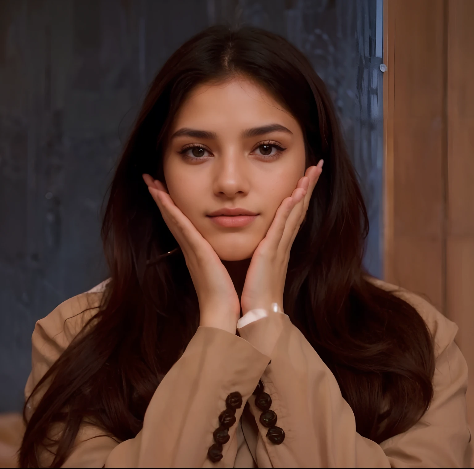 medium close-up photo of a beautiful arab girl, adorable face, black long hair, no makeup, realistic skin texture, warm, low saturation, green, rich colors, by Alessio Albi, nikon d850, zeiss otus 85mm f/1.4, hyper realistic ,lifelike texture, dramatic lighting, cinestill 800