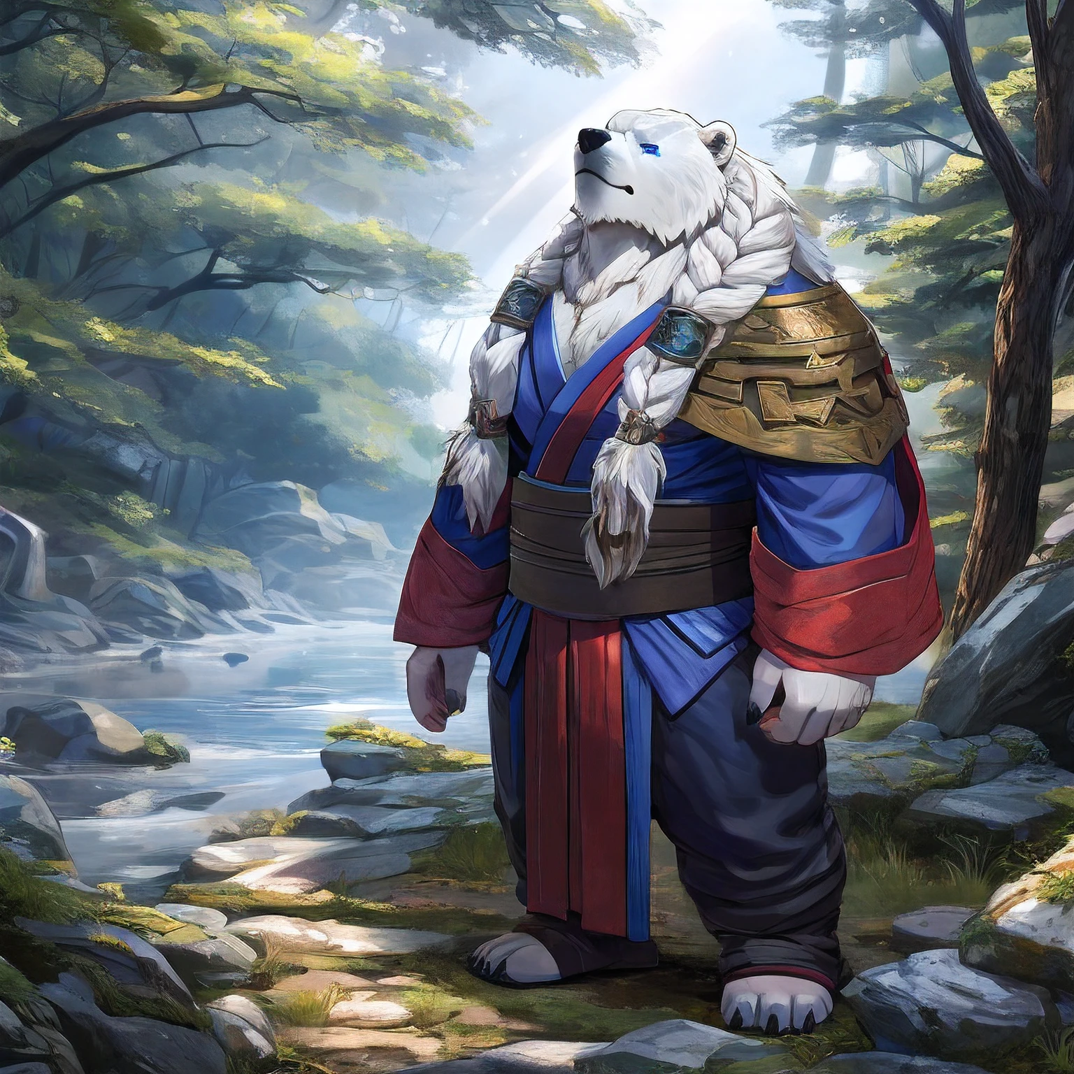 solo focus,detailed background,volibear,braid,white fur,blue sclera,black pupils,bear,furry male,bara,sleep,forest,chubby,detailed background,sunlight,lighting,particles,wind,tree,radiant light,detailed environment,digital art,japanese clothing,beautiful detailed eyes,full-length portrait,absurd res,abs,bare shoulders,looking up,chubby male,muscular male,musclegut,glistening body,glistening hair,male,dominant male,
