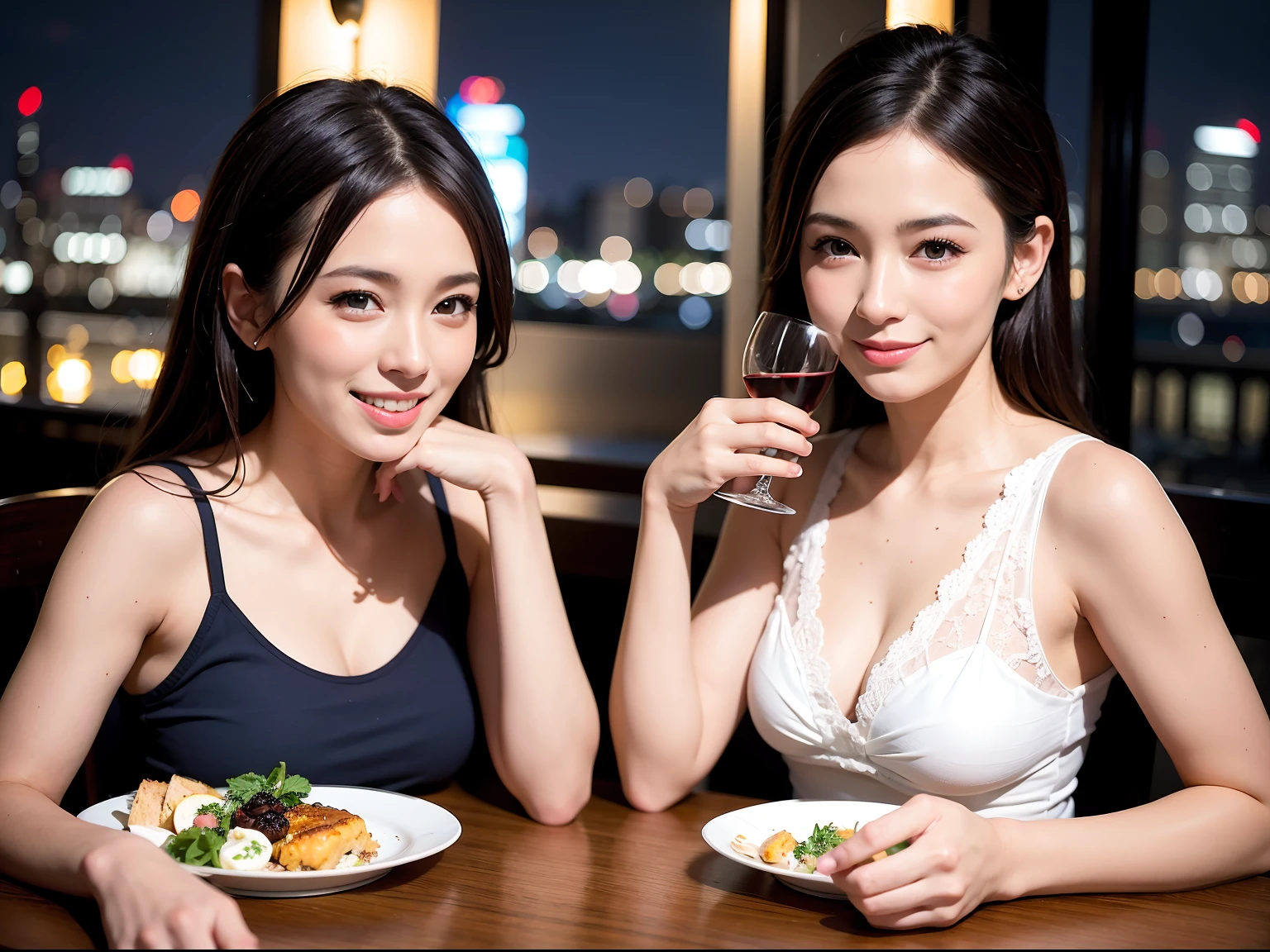 (64k uhd, nffsw, of the highest quality, masutepiece: 1.2), (Realistic, photoRealistic: 1.37), Italian、Spaniard、Dutchman, (Slim Face), (slimボティ), (Brown hair), (short-cut), cheeks blush a little, (40 years old), 38 years, Solo, A beautiful and detailed night view spreads out outside the window..., restaurant, wine glassesに座って, At night, In a prominent place (from waist up) NovaFrogStyle, actress, Model, waist-up, white wine, slim, wine glasses, Super Clean Night View, wine glasses Put in the Middle, Happy Smile, (Smile: 1.15), Beautiful fine eyes, Upper body, Bust Japan Up, Night, Short, Short, actress, Model, waist-up, white wine, slim, wine glasses, Super Clean Night View, wine glasses Put in the Middle, Happy Smile,