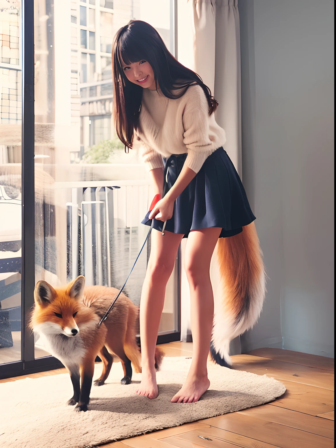 A woman with a fox tail sticking out from inside her miniskirt, take the fox for a walk, foxgirl, Playing with foxes, a beautiful kitsune woman, Playing with foxes,cute fox, foxes, Fox tail, Fox Club, fox animal, fox person々, Female Fox, foxes, tail, Bushy fox tail, a picture, top-quality